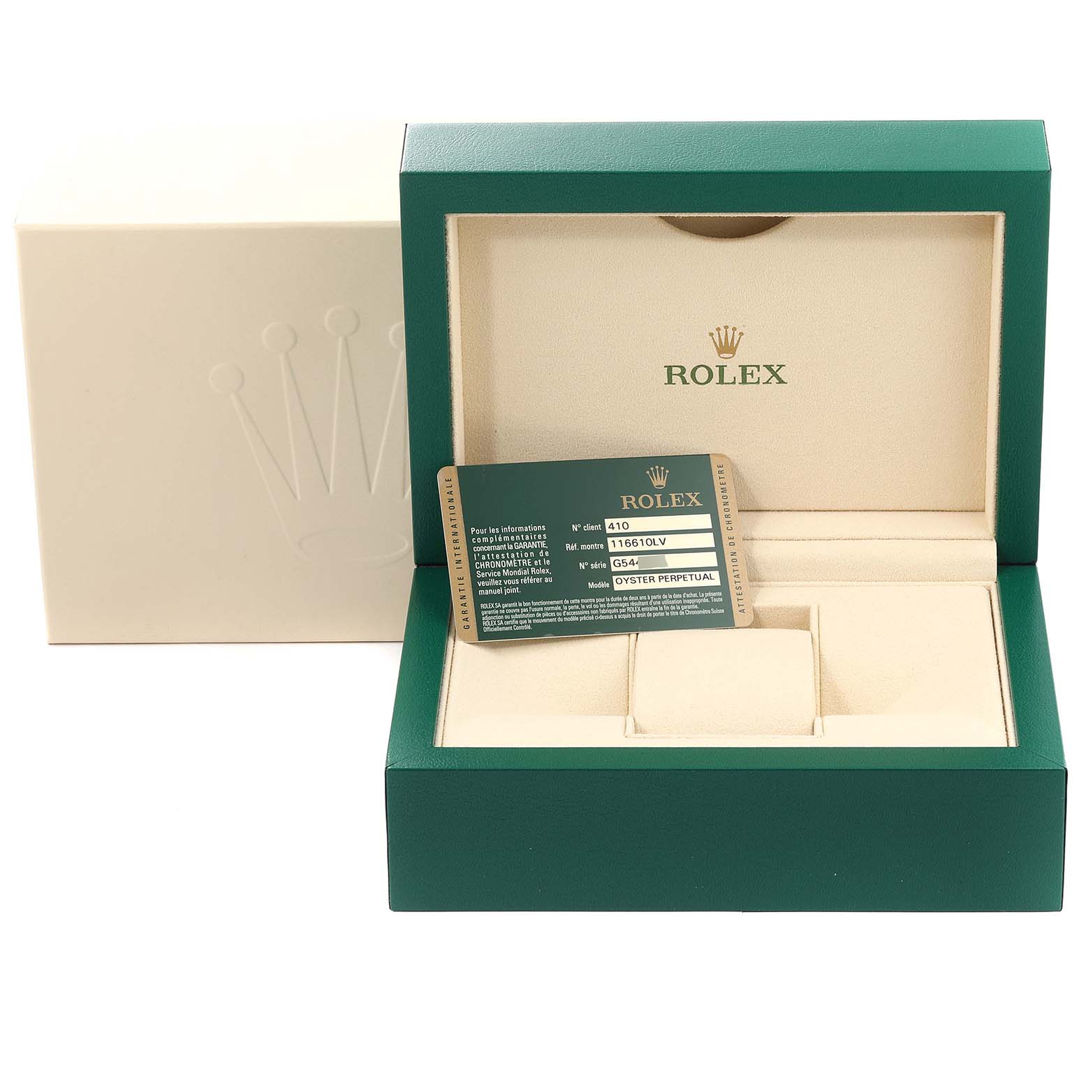 The image shows a Rolex Submariner 116610LV Men
s Stainless Steel Green Dial 116610LV Men
s Stainless Steel Green Dial watch box, with a warranty card placed inside the open box.