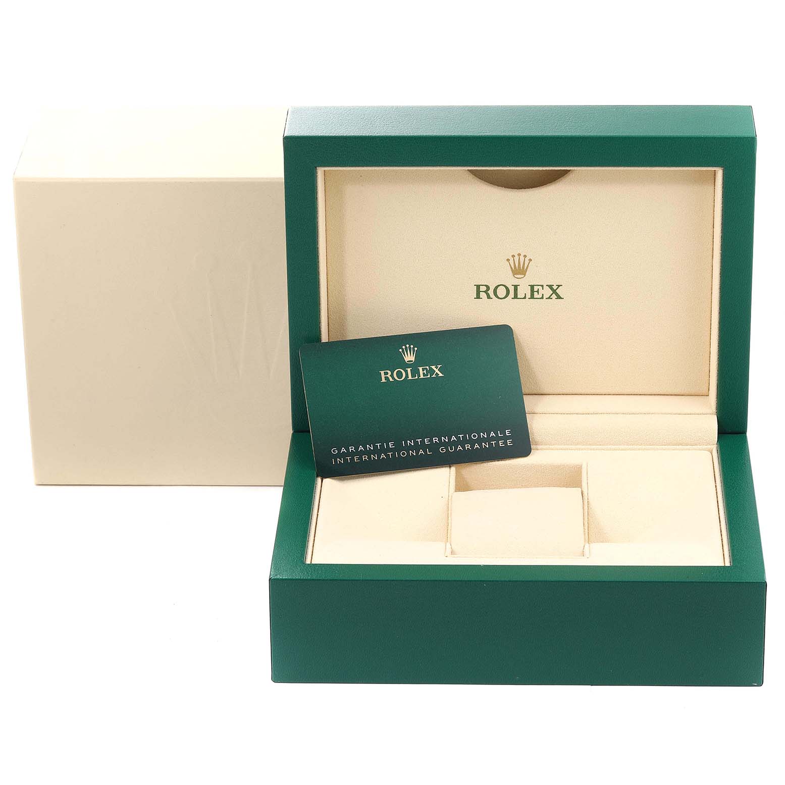 The image shows an empty open box for a Rolex Submariner 124060 Men
s Stainless Steel Black Dial 124060 Men
s Stainless Steel Black Dial watch, along with an international guarantee card.