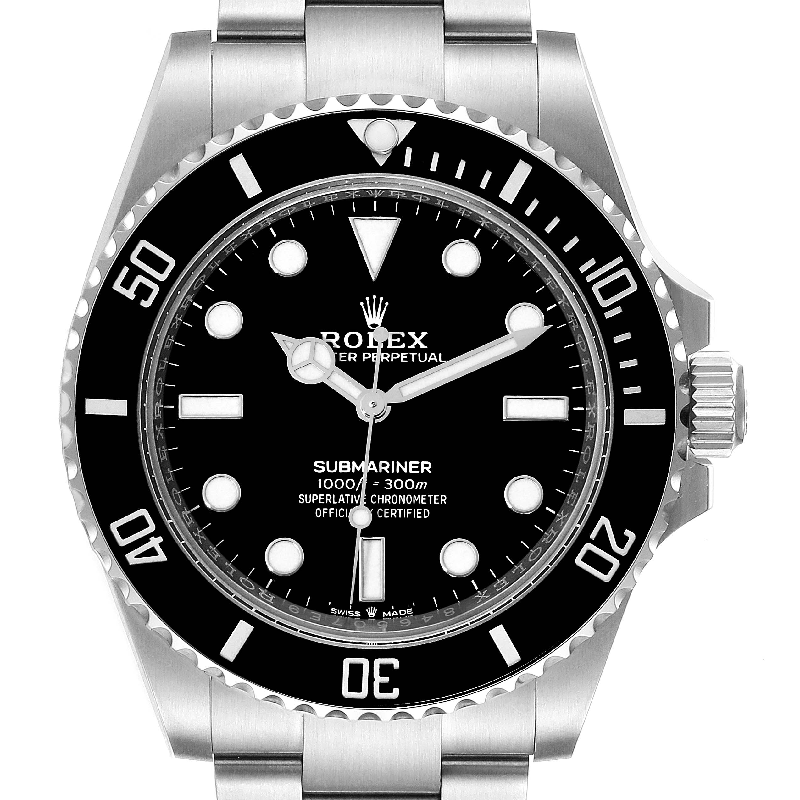 This image shows a front view of a Rolex Submariner 124060 Men
s Stainless Steel Black Dial 124060 Men
s Stainless Steel Black Dial watch, highlighting its dial, bezel, and crown.