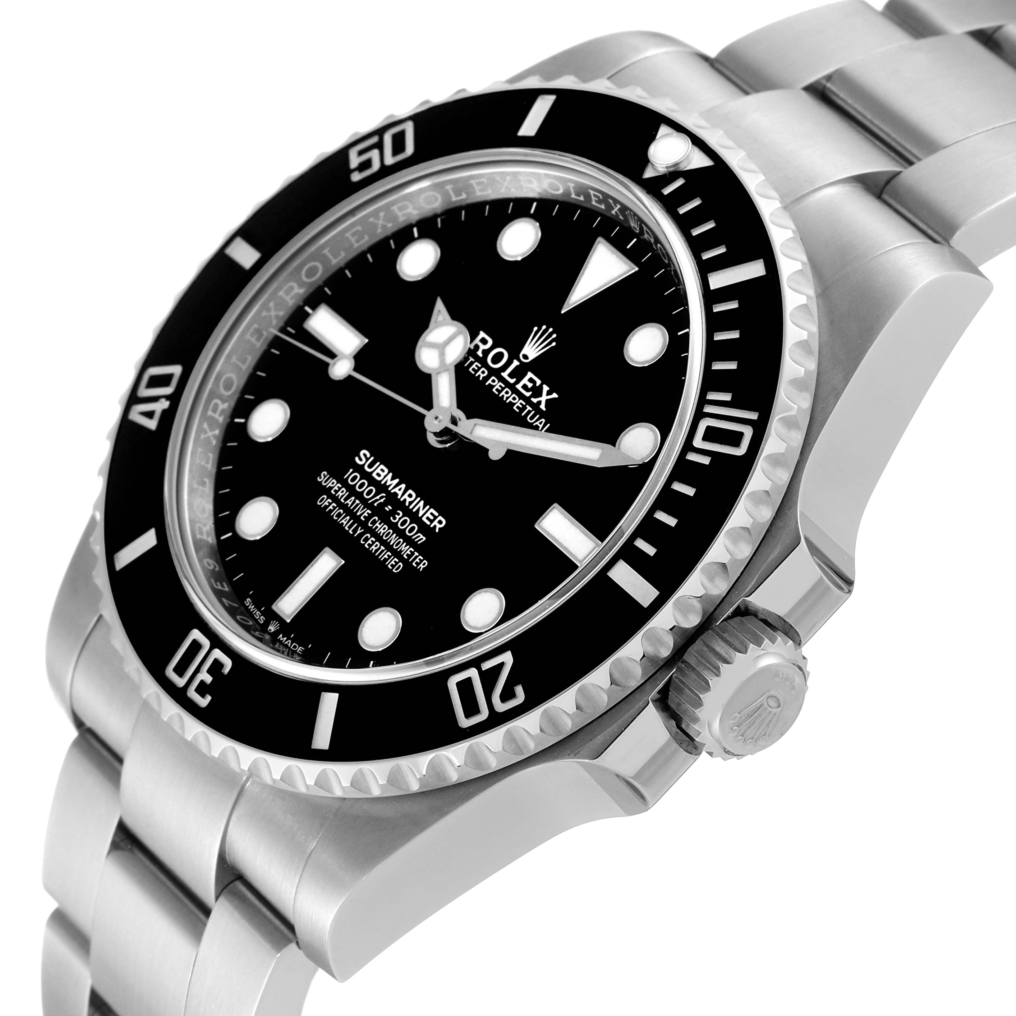 The image shows the Rolex Submariner 124060 Men
s Stainless Steel Black Dial 124060 Men
s Stainless Steel Black Dial watch at a 3/4 angle highlighting its bezel, dial, crown, and bracelet.