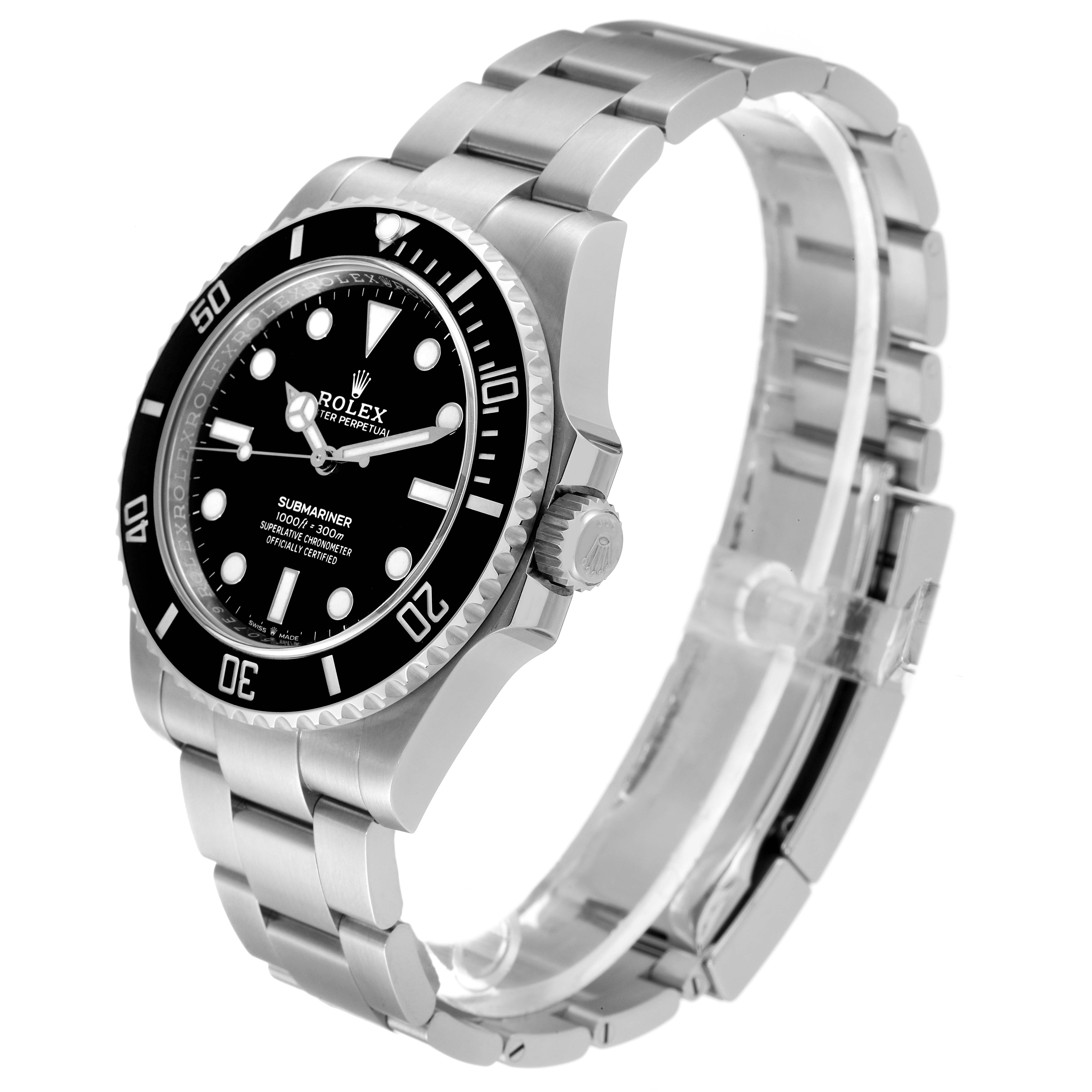 This image shows a Rolex Submariner 124060 Men
s Stainless Steel Black Dial 124060 Men
s Stainless Steel Black Dial model watch at a 3/4 angle, highlighting its bezel, dial, and bracelet.