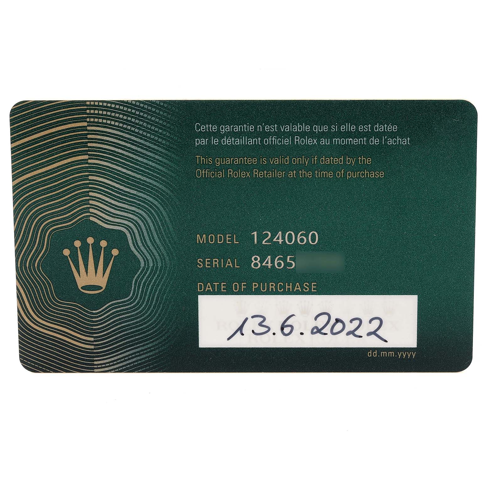 This image shows the warranty card for a Rolex Submariner 124060 Men
s Stainless Steel Black Dial 124060 Men
s Stainless Steel Black Dial model 124060.