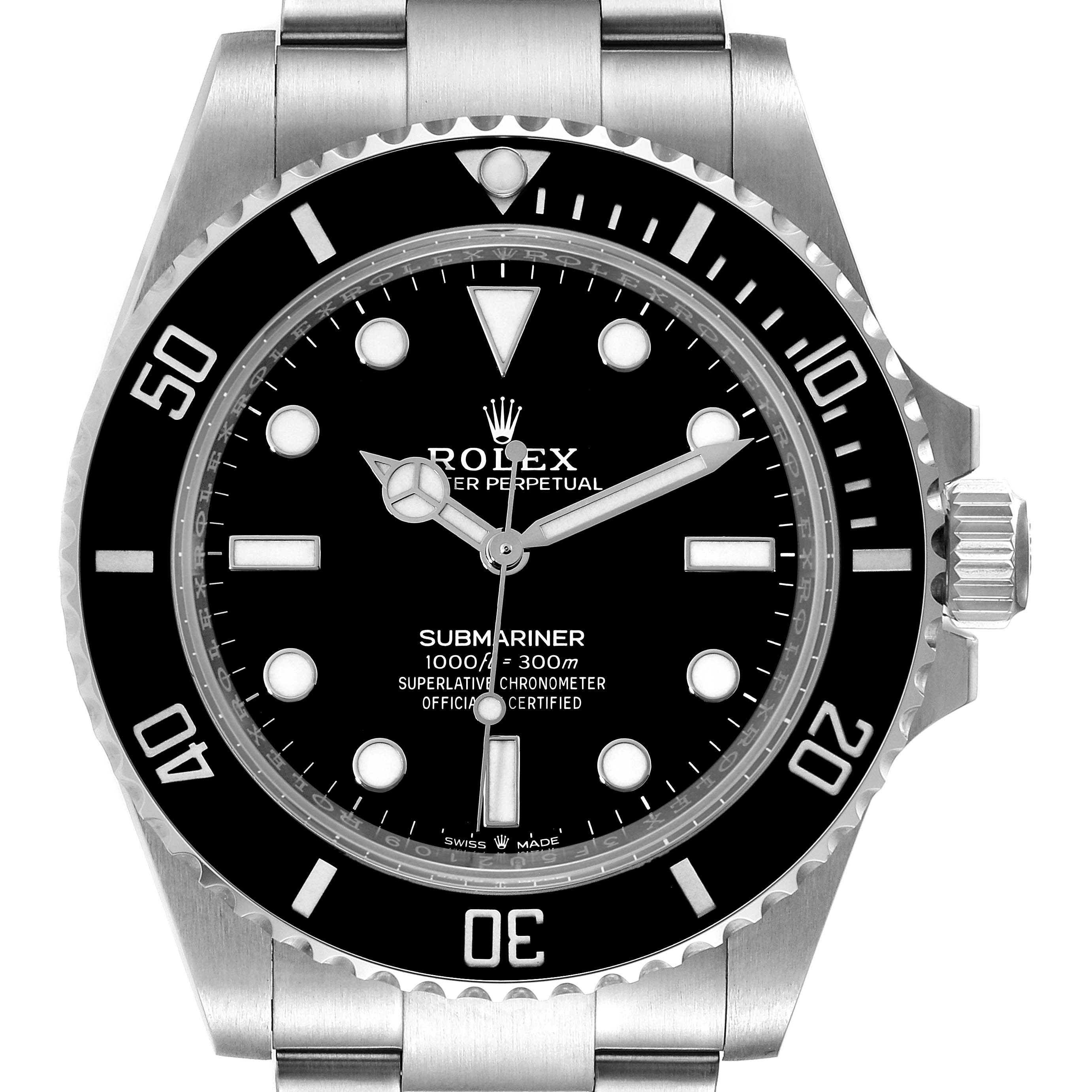 The Rolex Submariner 124060 Men
s Stainless Steel Black Dial 124060 Men
s Stainless Steel Black Dial watch is shown from a front angle, displaying its black dial, bezel, and stainless steel bracelet.