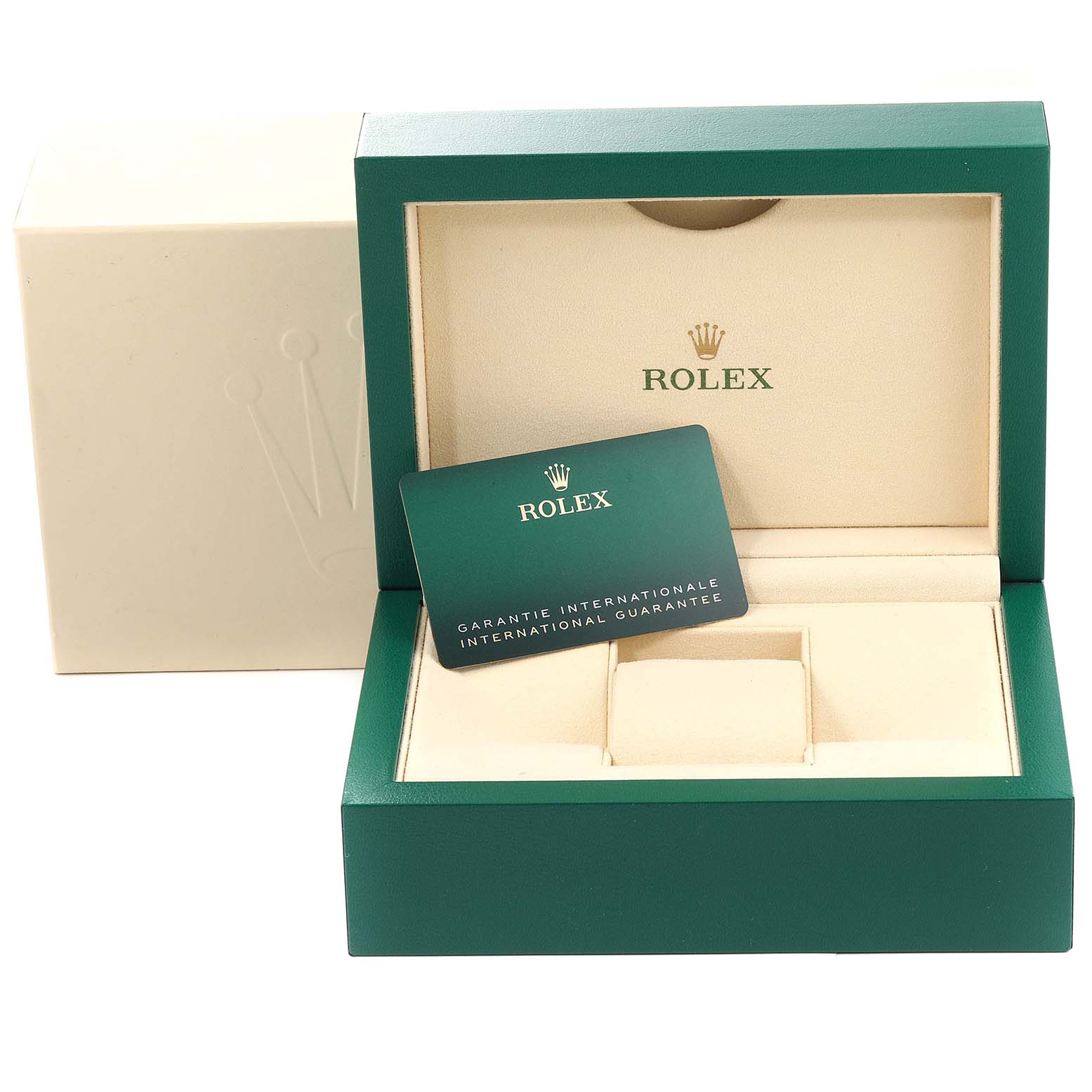 This image shows an open Rolex Submariner 124060 Men
s Stainless Steel Black Dial 124060 Men
s Stainless Steel Black Dial watch box and a guarantee card inside, photographed from the front.