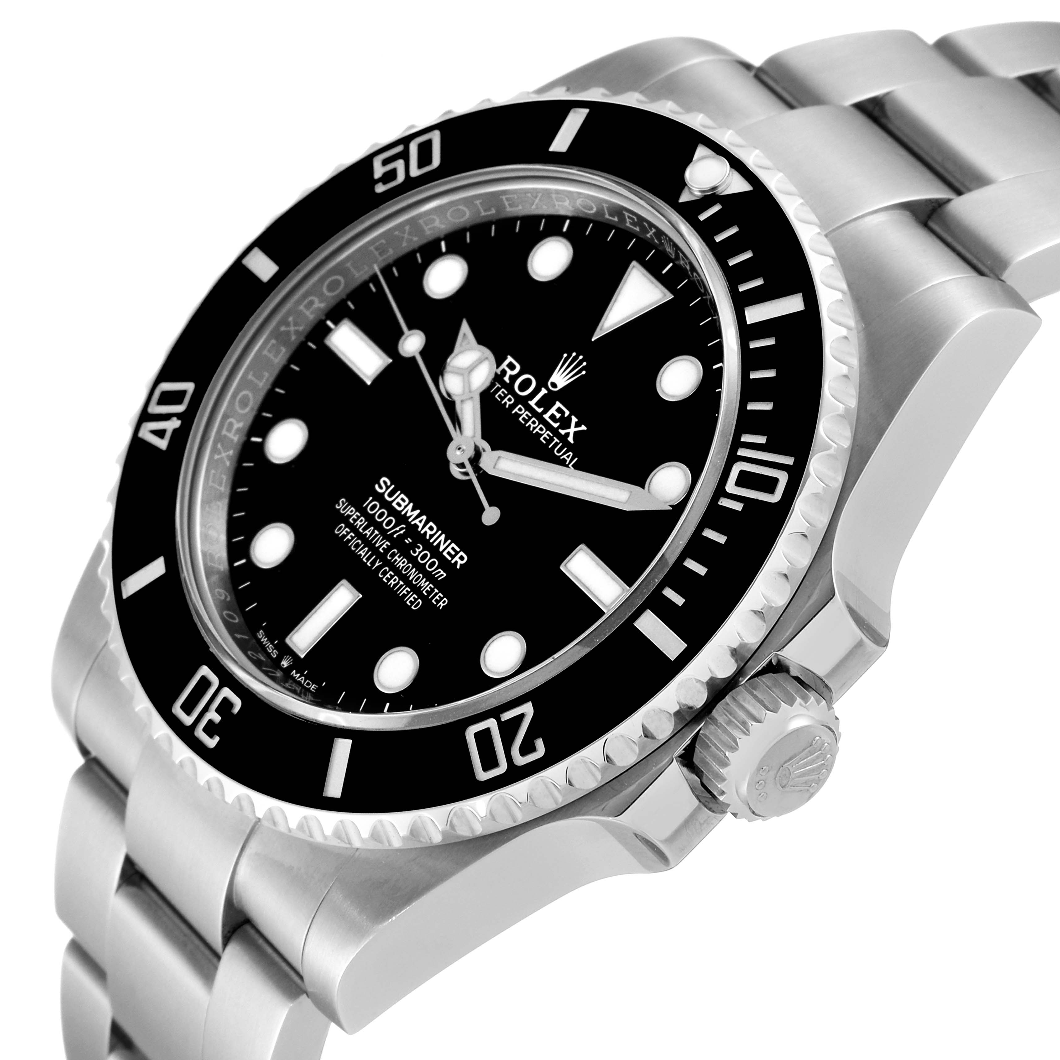 The image shows a Rolex Submariner 124060 Men
s Stainless Steel Black Dial 124060 Men
s Stainless Steel Black Dial watch angled slightly from the front, highlighting the face, bezel, crown, and bracelet.