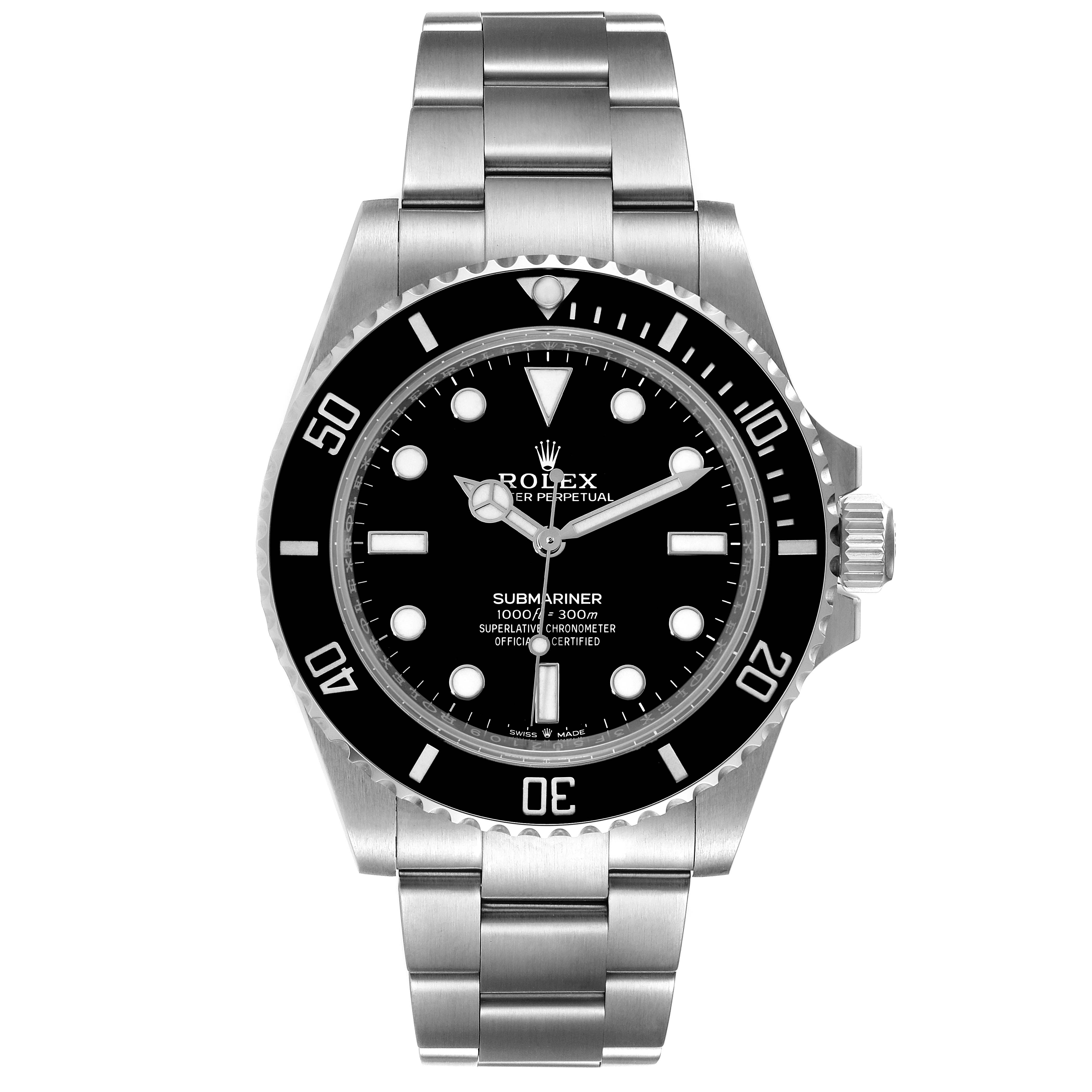 This image shows a front view of a Rolex Submariner 124060 Men
s Stainless Steel Black Dial 124060 Men
s Stainless Steel Black Dial watch, highlighting its face, bezel, and bracelet.