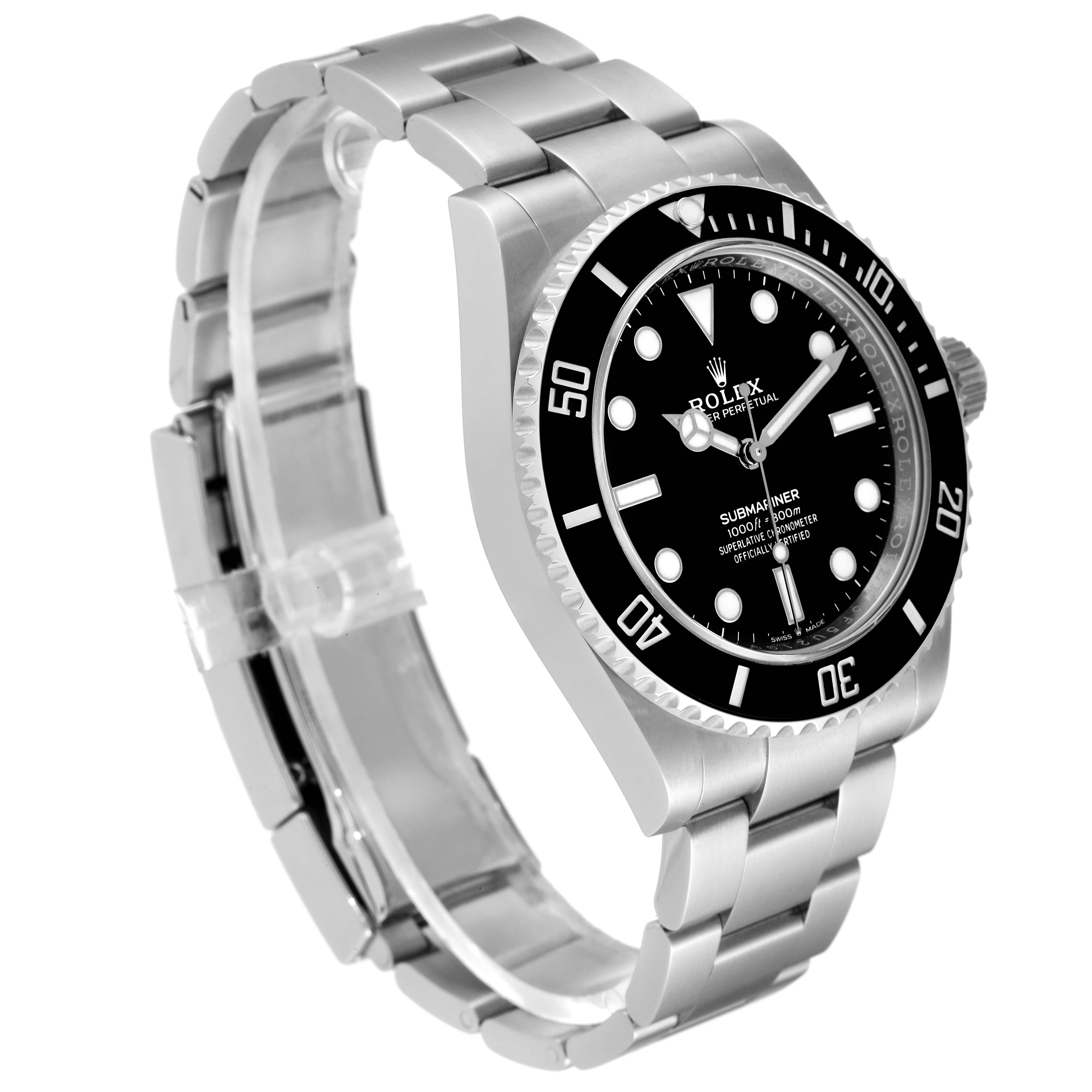 The Rolex Submariner 124060 Men
s Stainless Steel Black Dial 124060 Men
s Stainless Steel Black Dial watch is shown at a left-side angle, displaying its face, bezel, and bracelet.