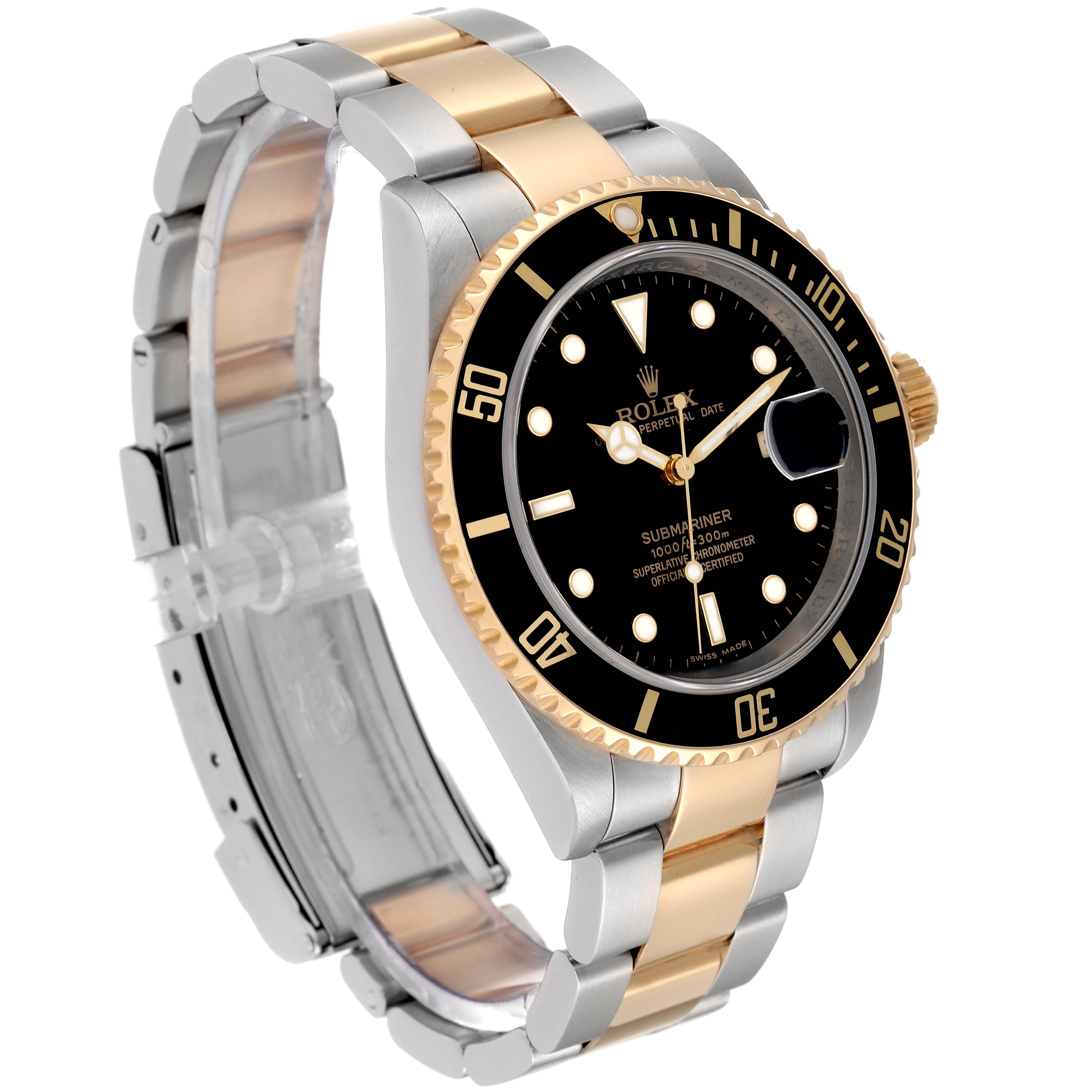 The Rolex Submariner 16613 Men's Steel and Gold (two tone) Black Dial 16613 Men's Steel and Gold (two tone) Black Dial watch is shown in a three-quarter angle, showcasing its bimetallic bracelet, black dial, and unidirectional rotating bezel.