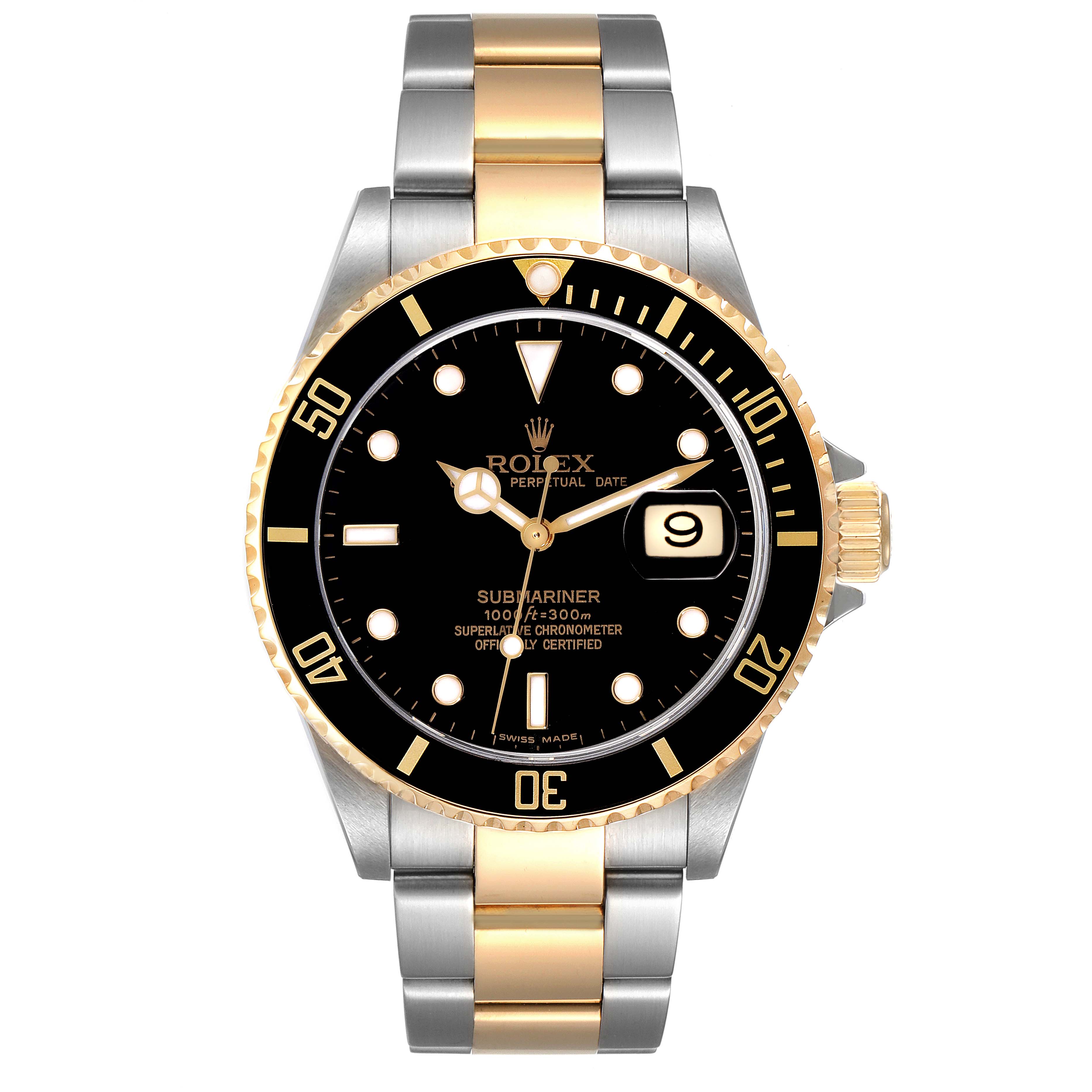 This image shows a front view of a Rolex Submariner 16613 Men's Steel and Gold (two tone) Black Dial 16613 Men's Steel and Gold (two tone) Black Dial watch, displaying its dial, bezel, bracelet, and crown.