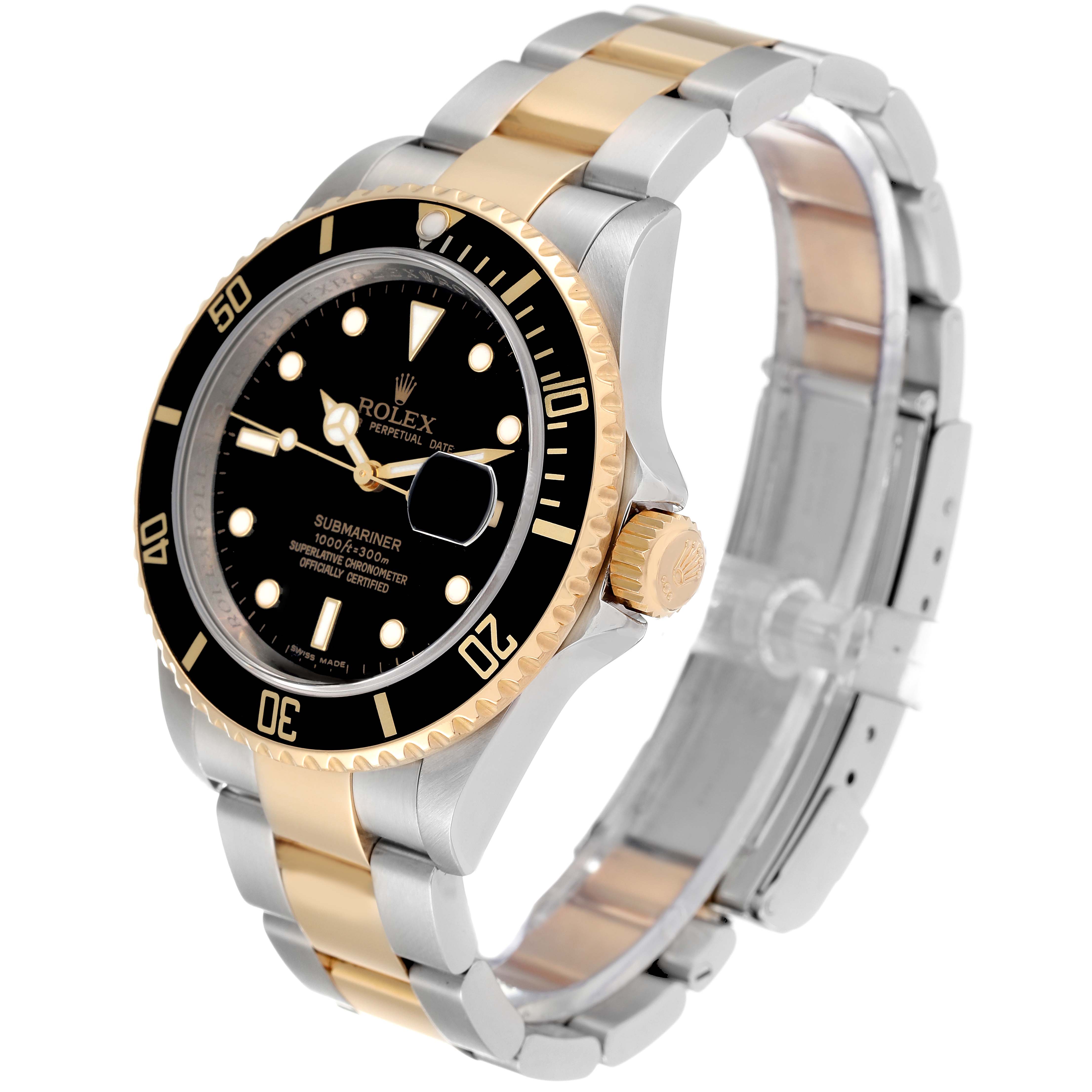 The image shows a side angle of the Rolex Submariner 16613 Men's Steel and Gold (two tone) Black Dial 16613 Men's Steel and Gold (two tone) Black Dial, highlighting its black dial, gold bezel, and two-tone stainless steel and gold bracelet.