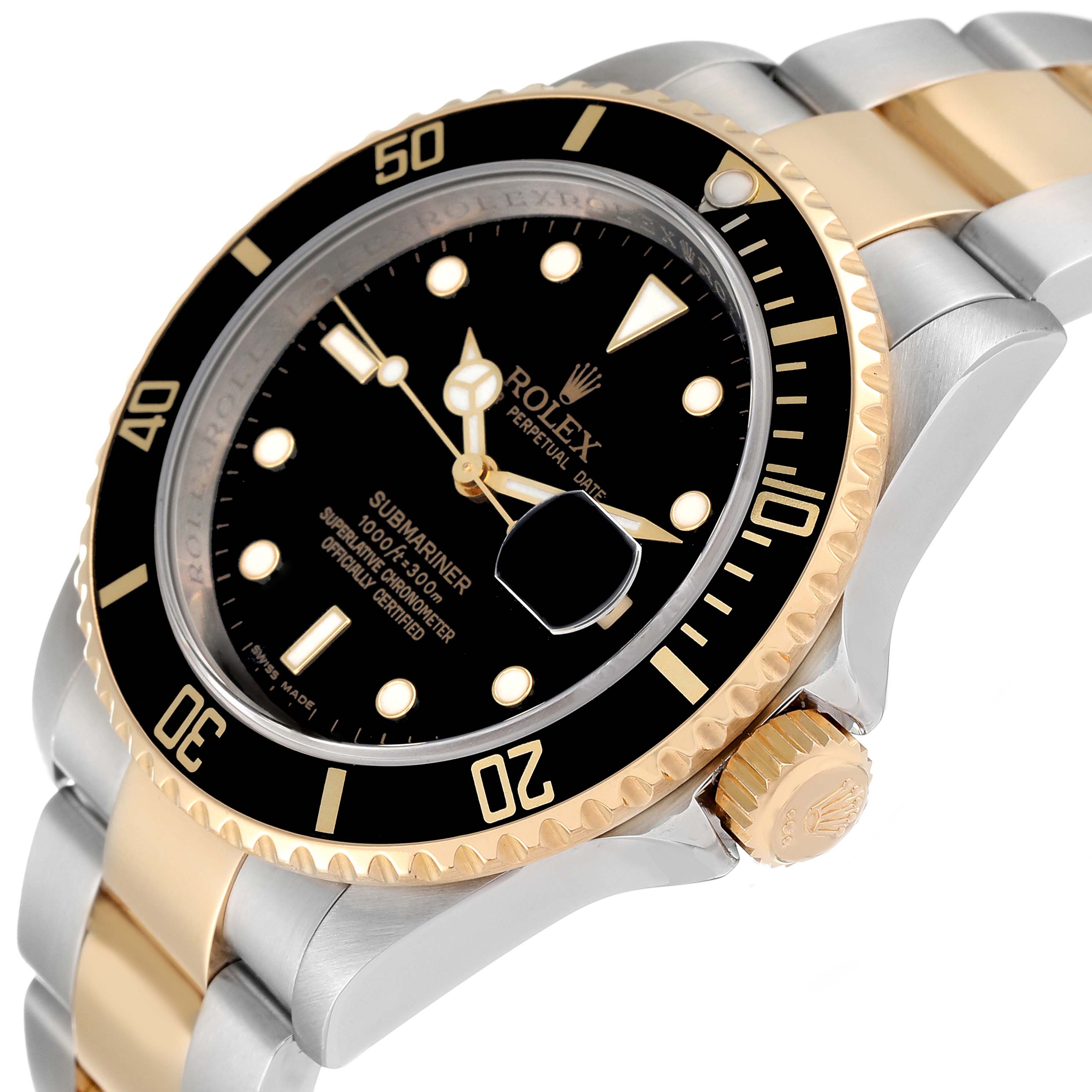 The image shows a side view of the Rolex Submariner 16613 Men's Steel and Gold (two tone) Black Dial 16613 Men's Steel and Gold (two tone) Black Dial watch, highlighting the bezel, dial, crown, and part of the bracelet.