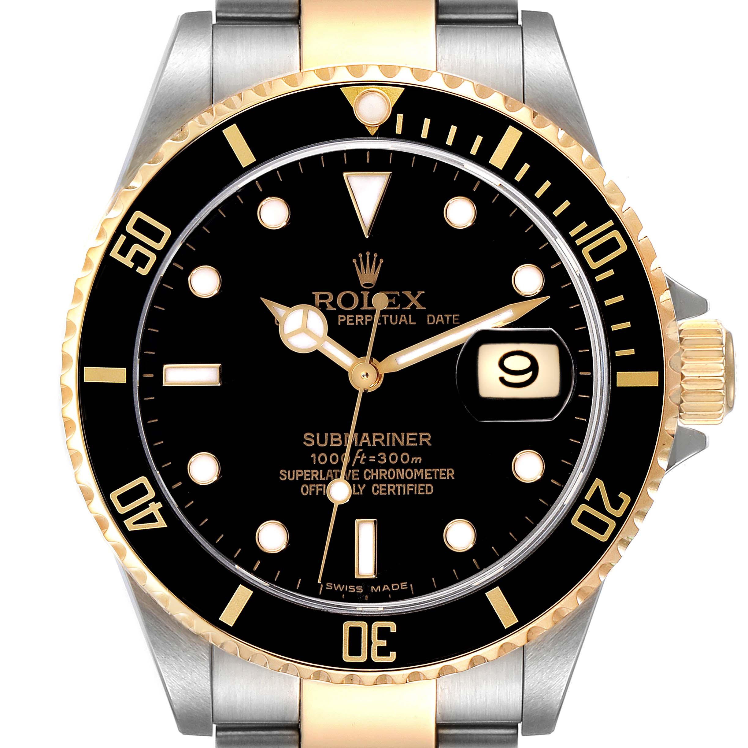 This image shows a front view of a Rolex Submariner 16613 Men's Steel and Gold (two tone) Black Dial 16613 Men's Steel and Gold (two tone) Black Dial watch, highlighting its black dial, gold accents, and date window.