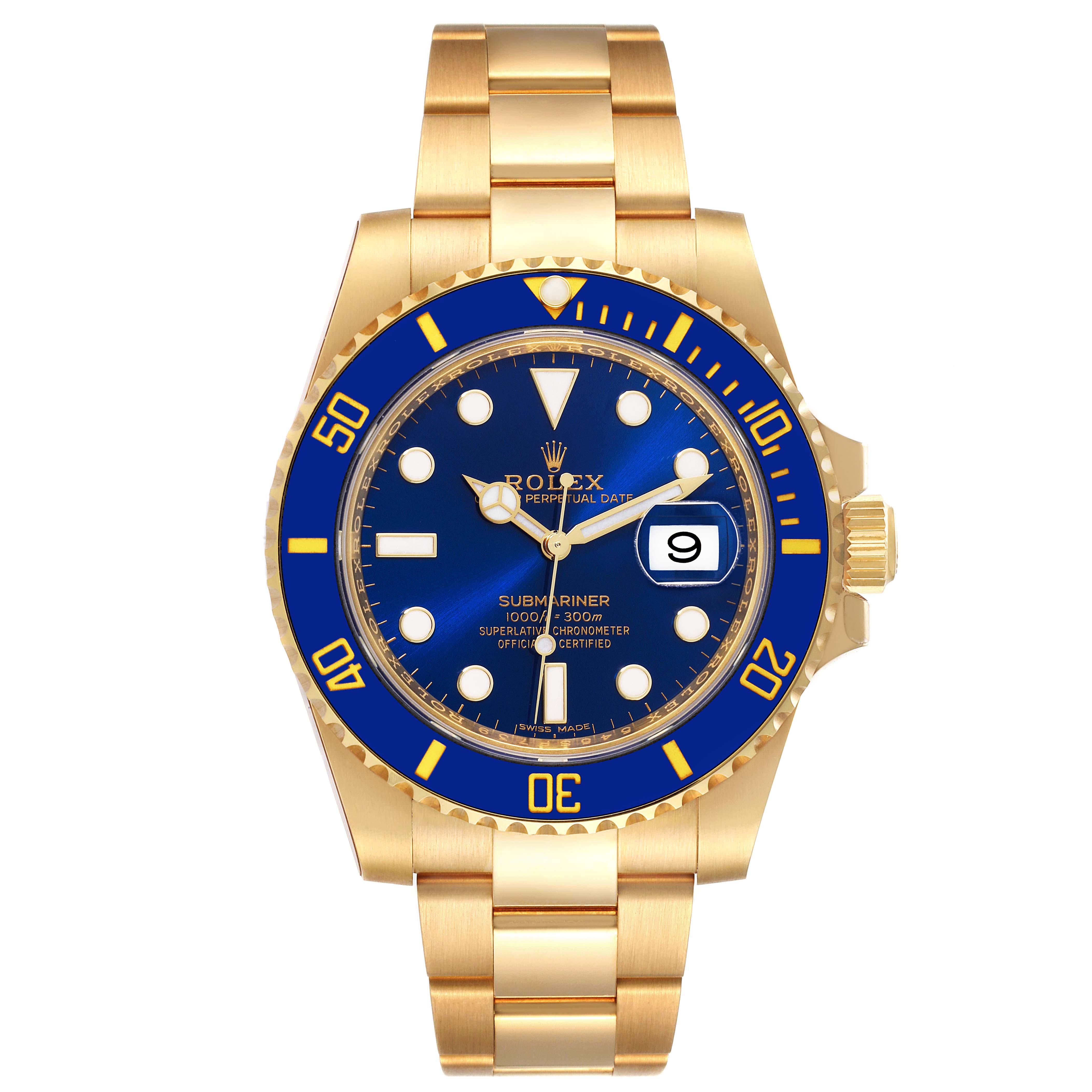 This image shows a front view of a Rolex Submariner 116618 Men's Yellow Gold Blue Dial 116618 Men's Yellow Gold Blue Dial watch with a blue dial, gold casing, and bracelet.