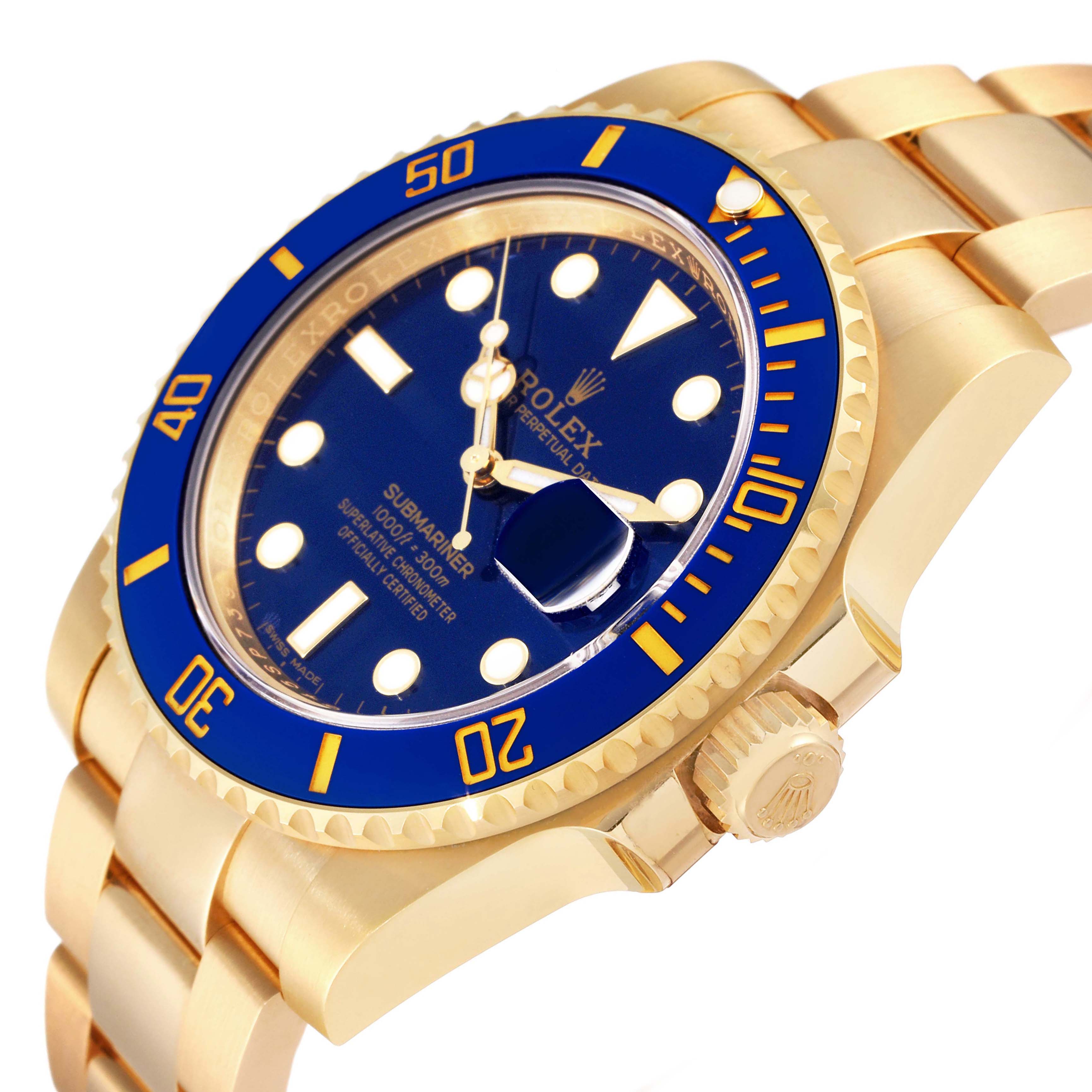 The Rolex Submariner 116618 Men's Yellow Gold Blue Dial 116618 Men's Yellow Gold Blue Dial watch is shown at a slight angle, displaying its blue dial, bezel, and gold bracelet.
