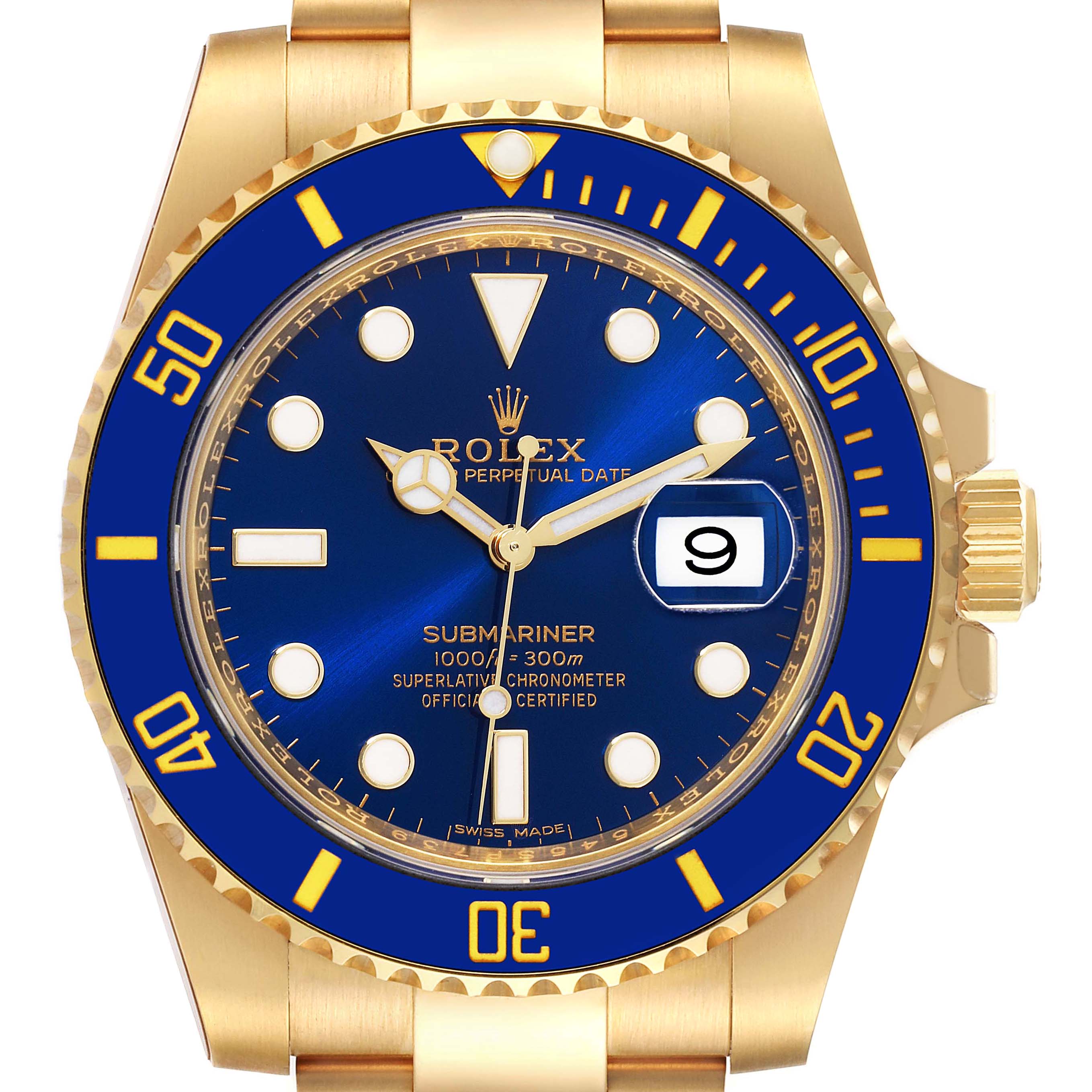 The Rolex Submariner 116618 Men's Yellow Gold Blue Dial 116618 Men's Yellow Gold Blue Dial watch is shown from the front, highlighting the dial, bezel, crown, and bracelet.