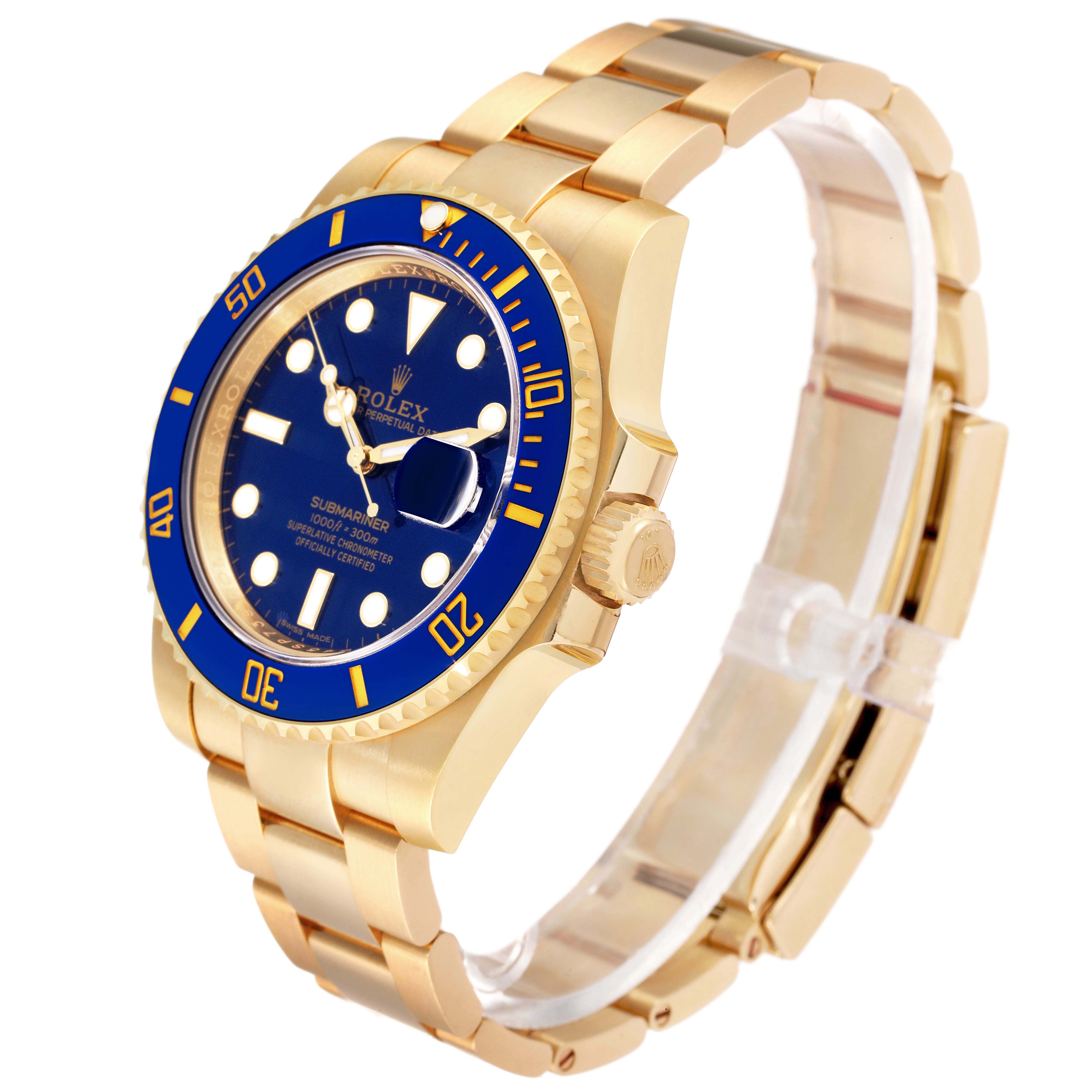 The image shows a side and angled view of a Rolex Submariner 116618 Men's Yellow Gold Blue Dial 116618 Men's Yellow Gold Blue Dial watch, featuring its gold case, blue dial, and bracelet.