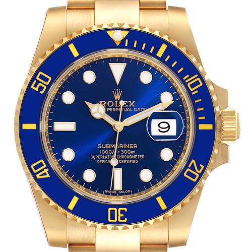 Photo of Rolex Submariner Yellow Gold Blue Dial Ceramic Bezel Mens Watch 116618 Box Card
