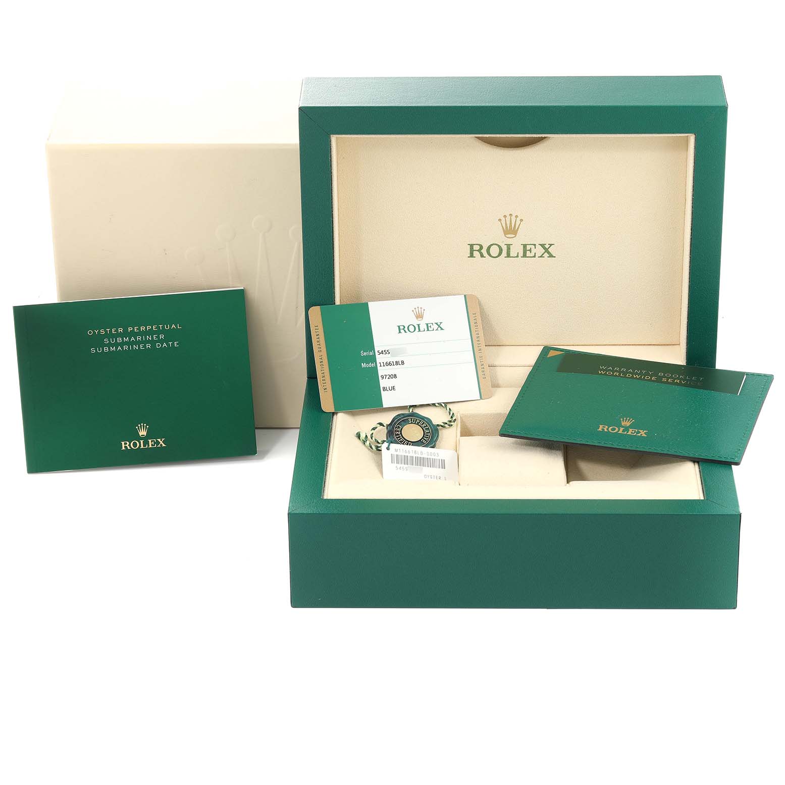 The image displays the packaging, warranty card, manual, and accessories for a Rolex Submariner 116618 Men's Yellow Gold Blue Dial 116618 Men's Yellow Gold Blue Dial watch.