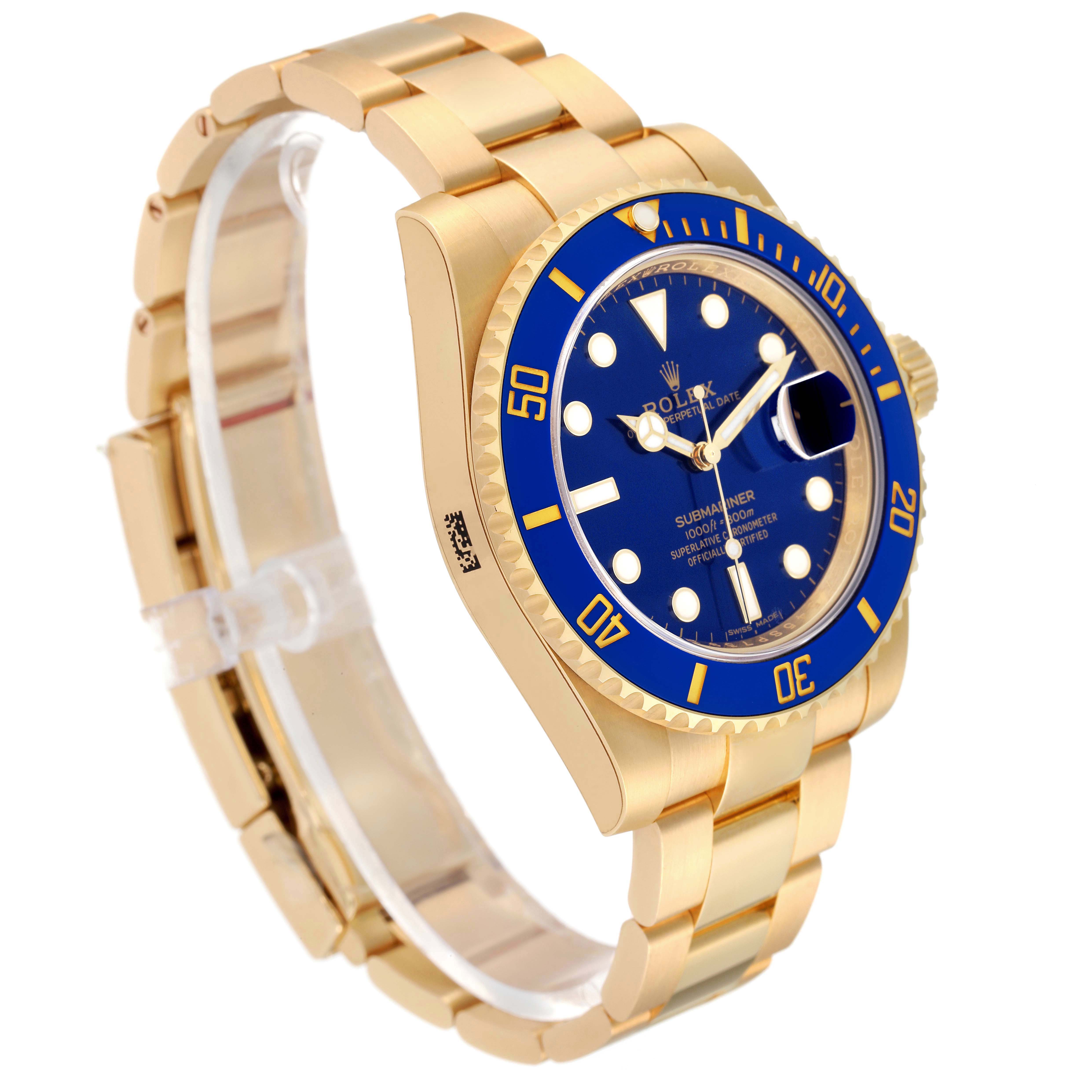 The image shows a Rolex Submariner 116618 Men's Yellow Gold Blue Dial 116618 Men's Yellow Gold Blue Dial watch angled from the top-left, highlighting the blue bezel, dial, and gold bracelet.