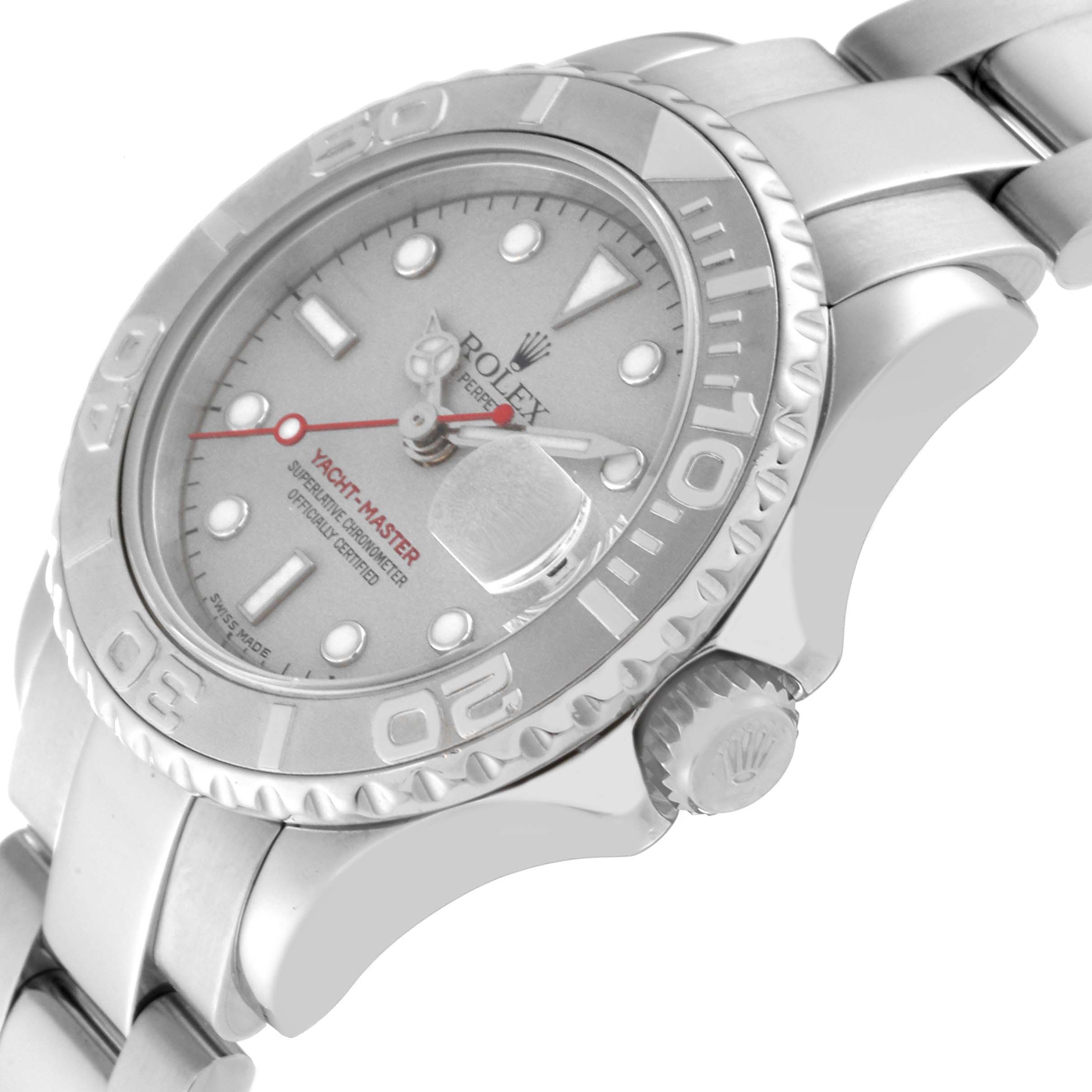 The Rolex Yacht-Master 169622 Women
s Stainless Steel Silver Dial 169622 Women
s Stainless Steel Silver Dial watch is shown at an angled side view, highlighting its face, bezel, and part of the bracelet.