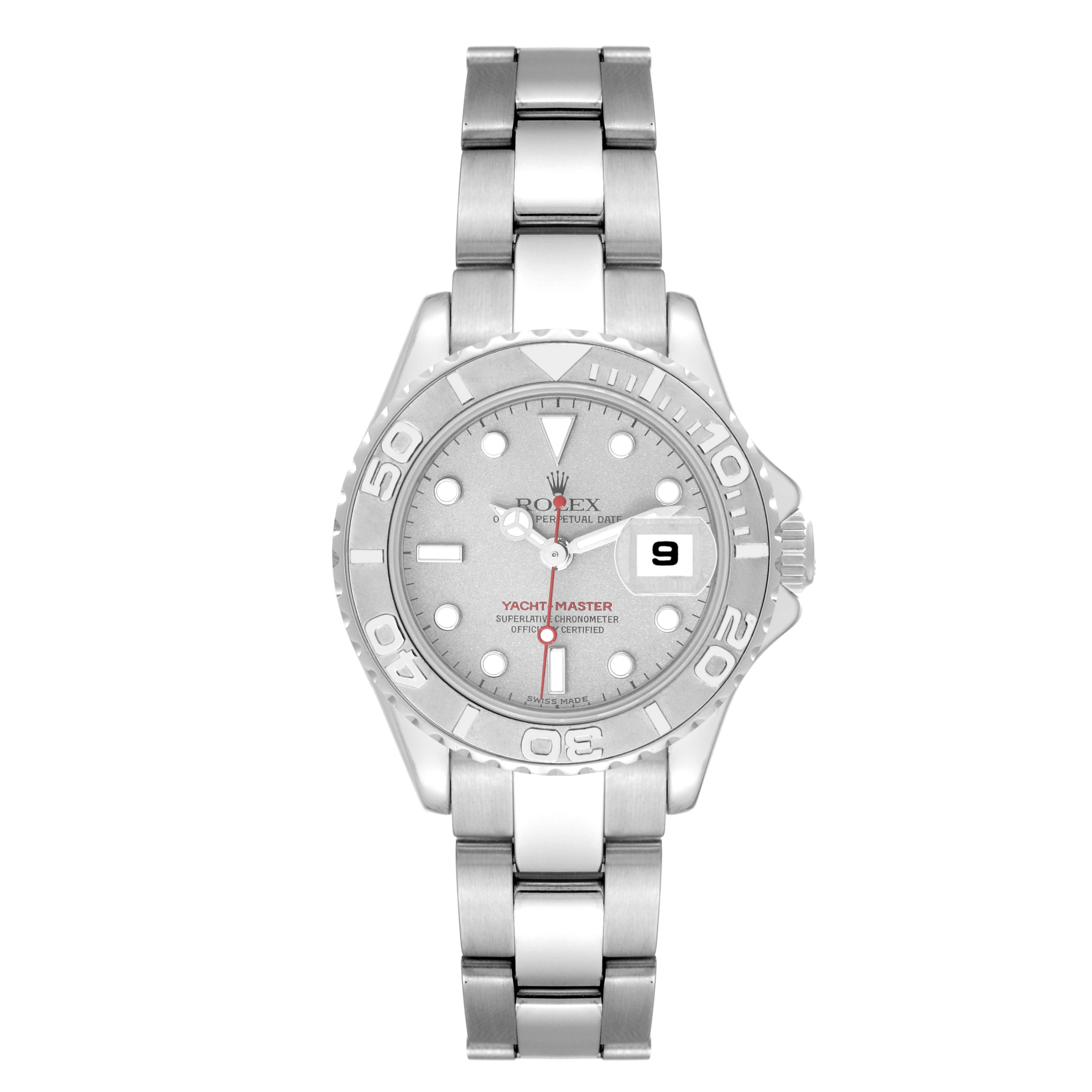 This image shows a front view of the Rolex Yacht-Master 169622 Women
s Stainless Steel Silver Dial 169622 Women
s Stainless Steel Silver Dial watch, highlighting its dial, bezel, and bracelet.