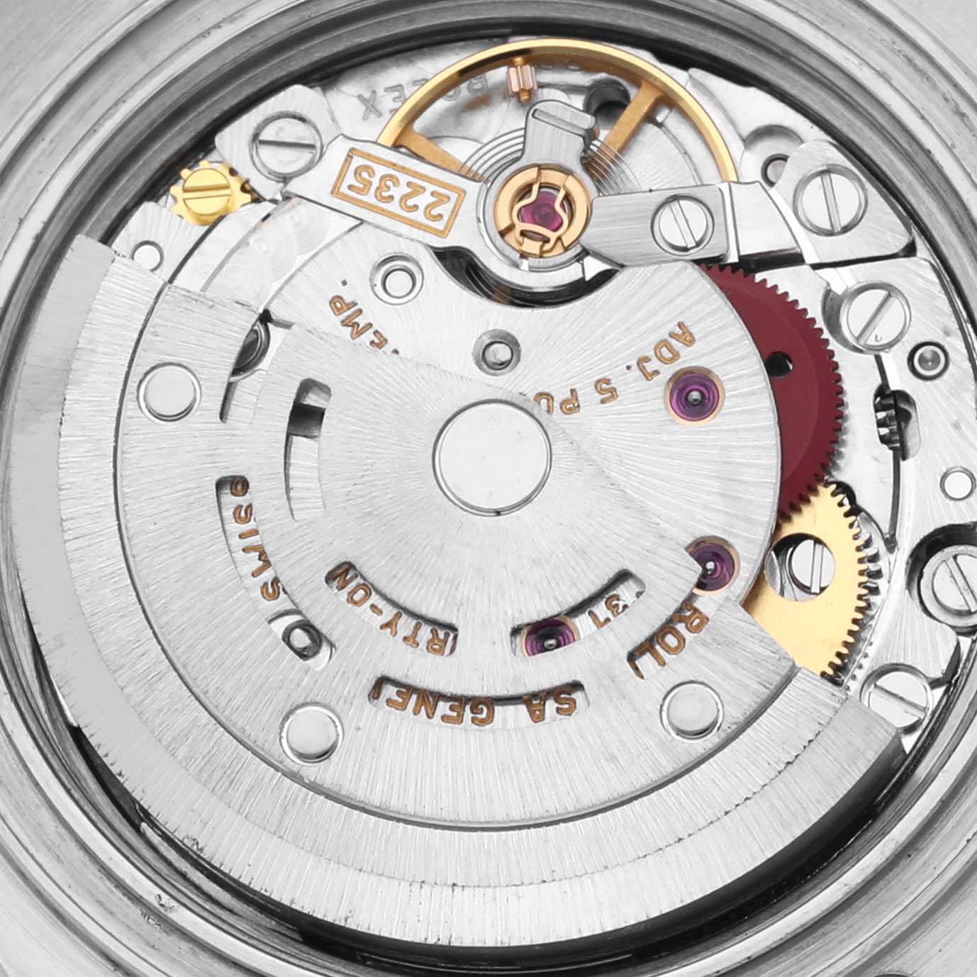 The image shows a close-up of the movement mechanism inside a Rolex Yacht-Master 169622 Women
s Stainless Steel Silver Dial 169622 Women
s Stainless Steel Silver Dial watch.