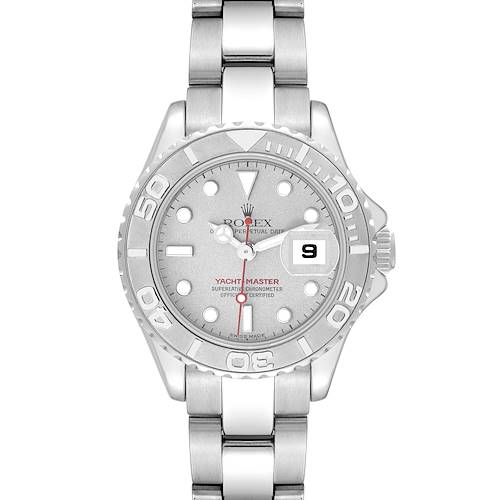 The Rolex Yacht-Master watch is shown from a front angle, displaying the dial, bezel, and metal bracelet.