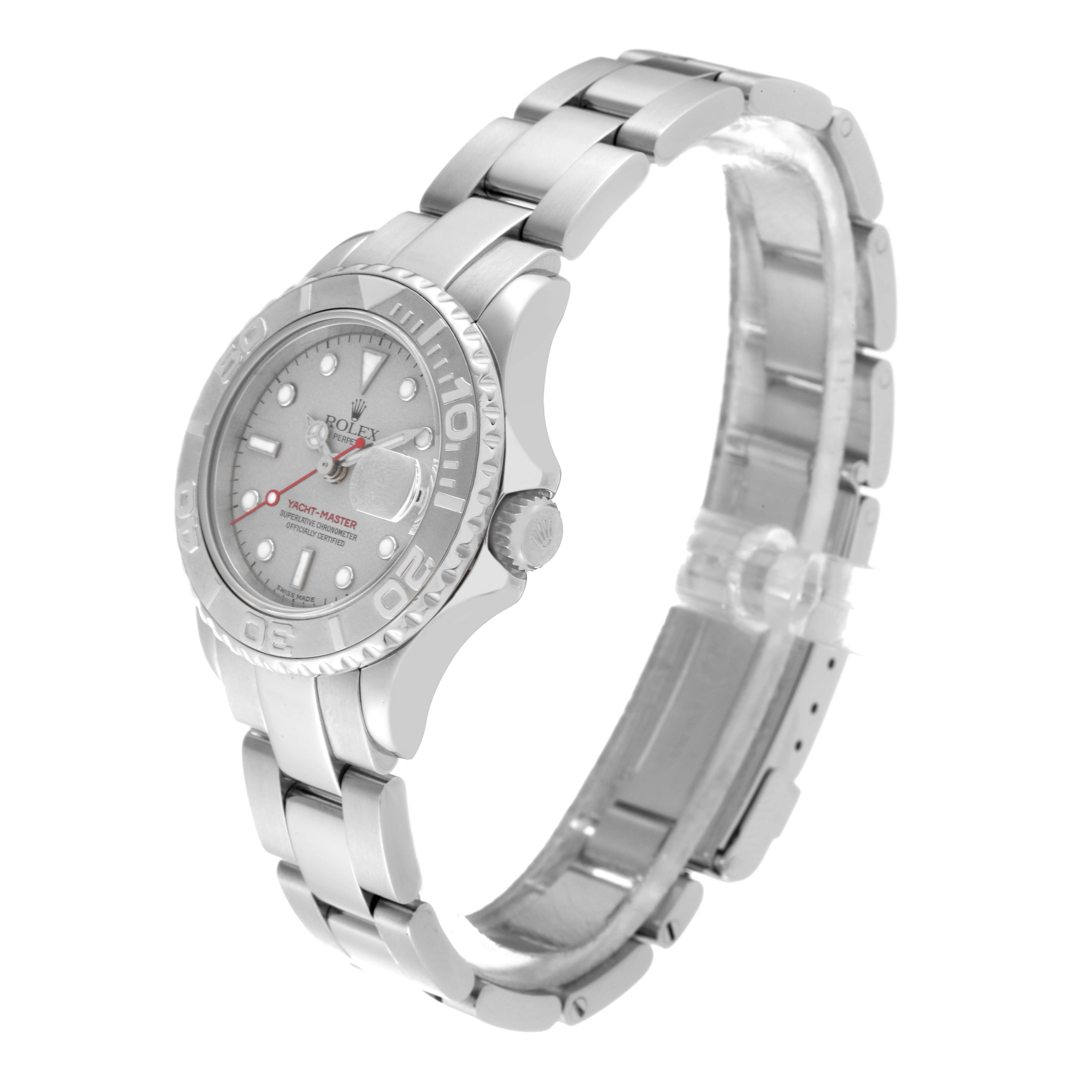 The image shows a Rolex Yacht-Master 169622 Women
s Stainless Steel Silver Dial 169622 Women
s Stainless Steel Silver Dial watch from an angled side view, highlighting the band, bezel, and part of the dial.
