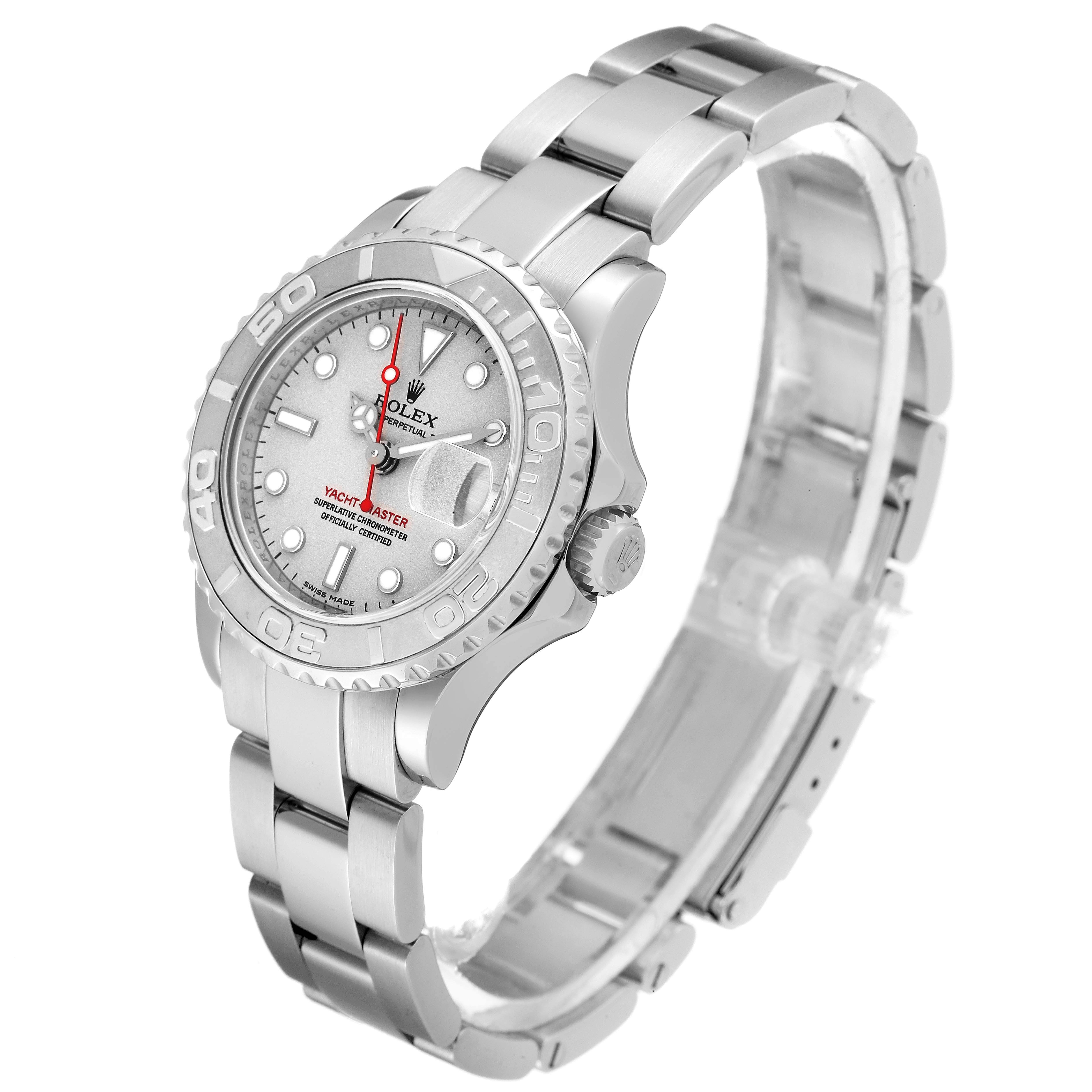 This image shows a Rolex Yacht-Master 169622 Women's Platinum Silver Dial 169622 Women's Platinum Silver Dial watch from an angled side view highlighting its face, bezel, crown, and bracelet.