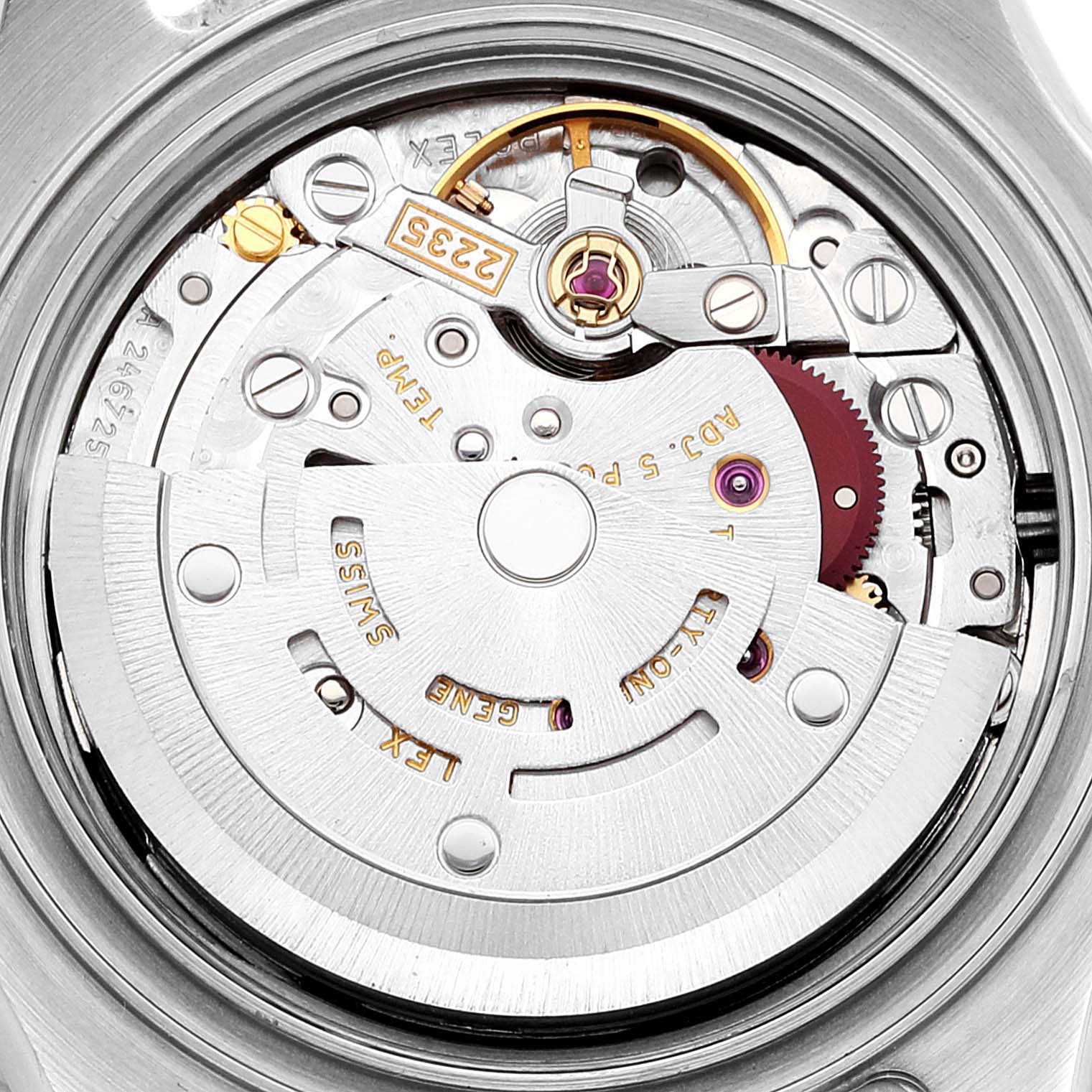 This image shows a close-up view of the Rolex Yacht-Master 169622 Women's Platinum Silver Dial 169622 Women's Platinum Silver Dial watch movement mechanism.