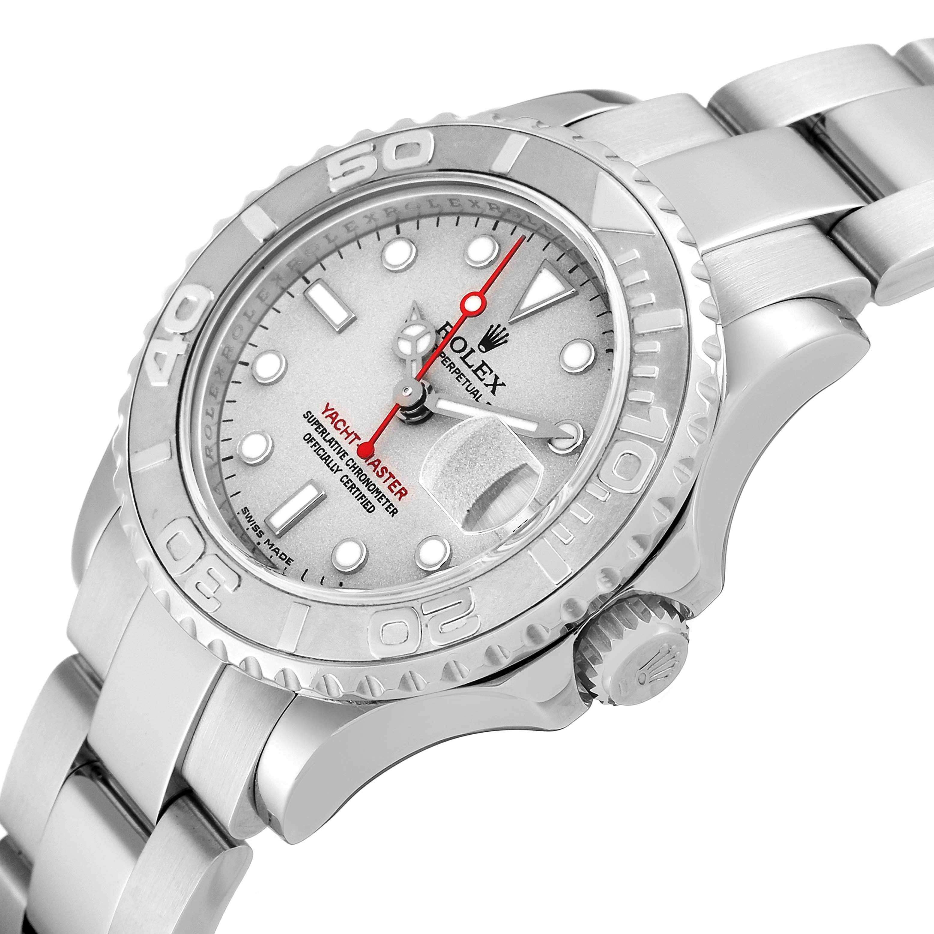 The image shows the Rolex Yacht-Master 169622 Women's Platinum Silver Dial 169622 Women's Platinum Silver Dial watch at an angled close-up, highlighting its dial, bezel, case, and bracelet.