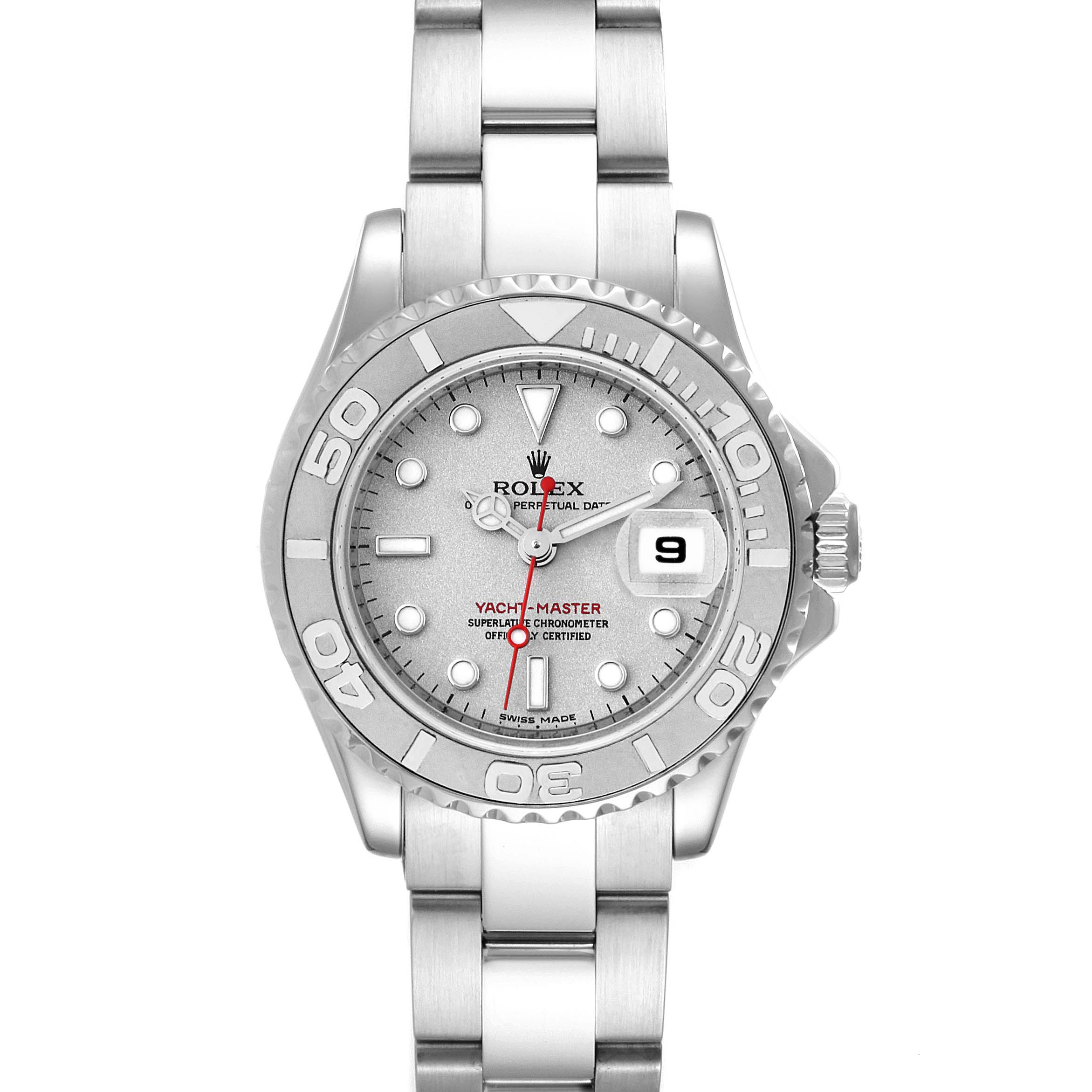 The image shows a front view of a Rolex Yacht-Master 169622 Women's Platinum Silver Dial 169622 Women's Platinum Silver Dial watch, featuring its face, bezel, crown, and bracelet.