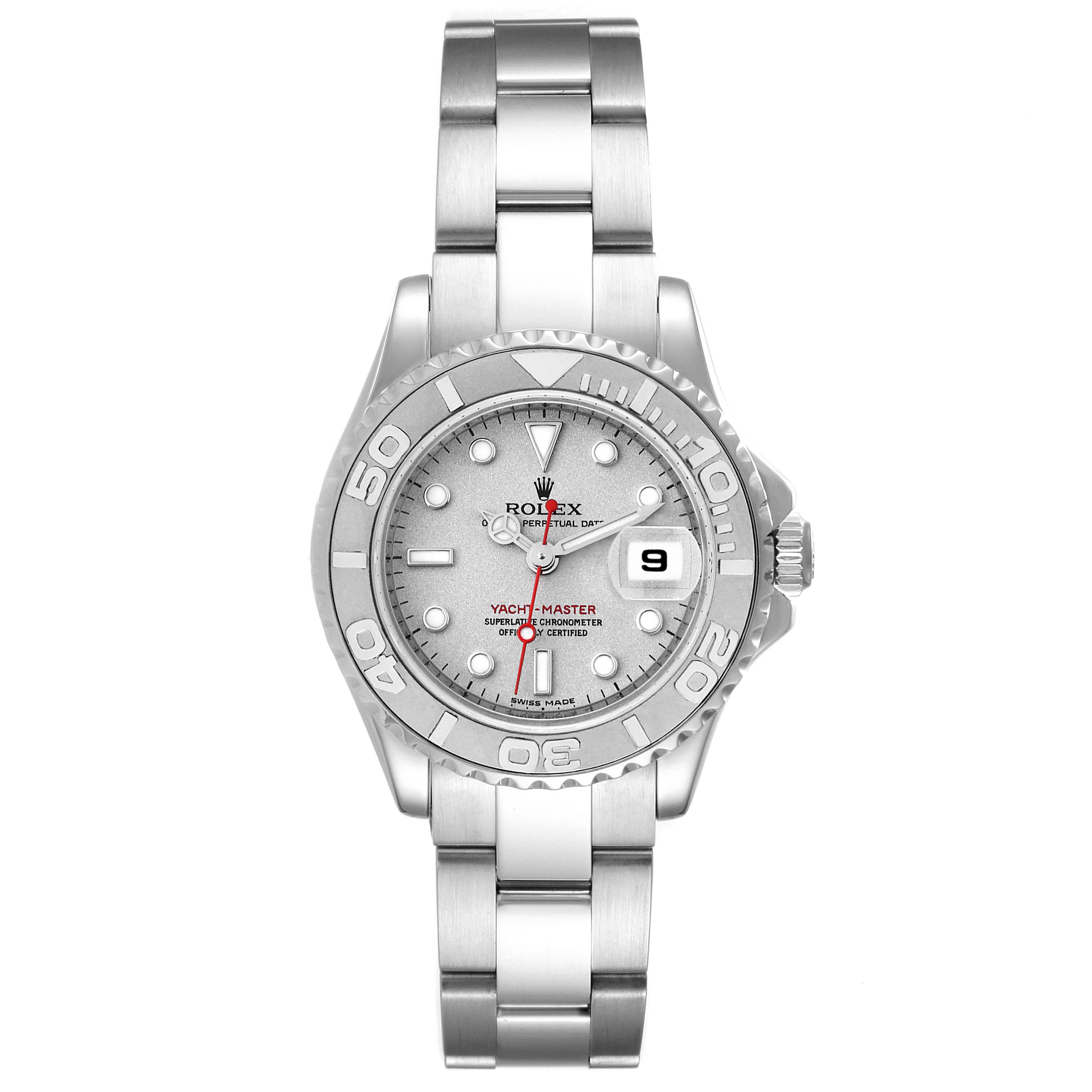 The image shows a front view of the Rolex Yacht-Master 169622 Women's Platinum Silver Dial 169622 Women's Platinum Silver Dial watch, highlighting the dial, bezel, bracelet, and date display.