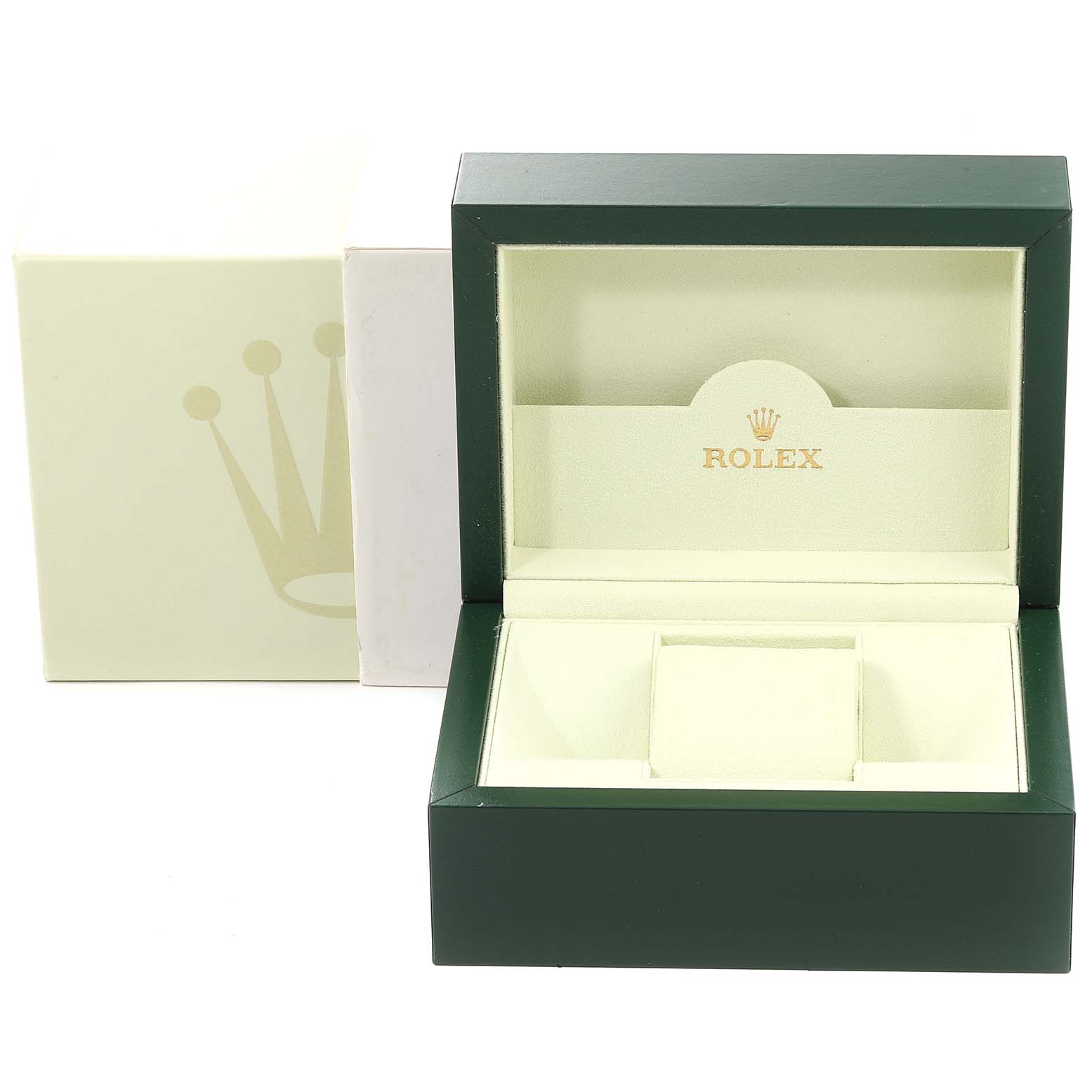 This image shows the opened and closed packaging boxes for the Rolex Yacht-Master 169622 Women's Platinum Silver Dial 169622 Women's Platinum Silver Dial, featuring the Rolex logo prominently.