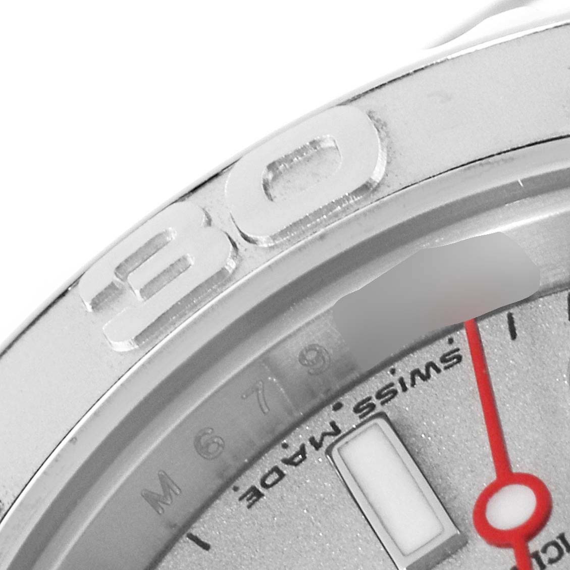 Close-up of the bezel and part of the dial on a Rolex Yacht-Master 169622 Women's Platinum Silver Dial 169622 Women's Platinum Silver Dial watch with the number 30 prominent.