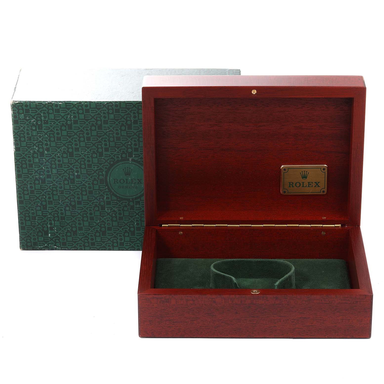 The image shows an open wooden Rolex box for the Yacht-Master model with a green interior alongside its green patterned outer box.
