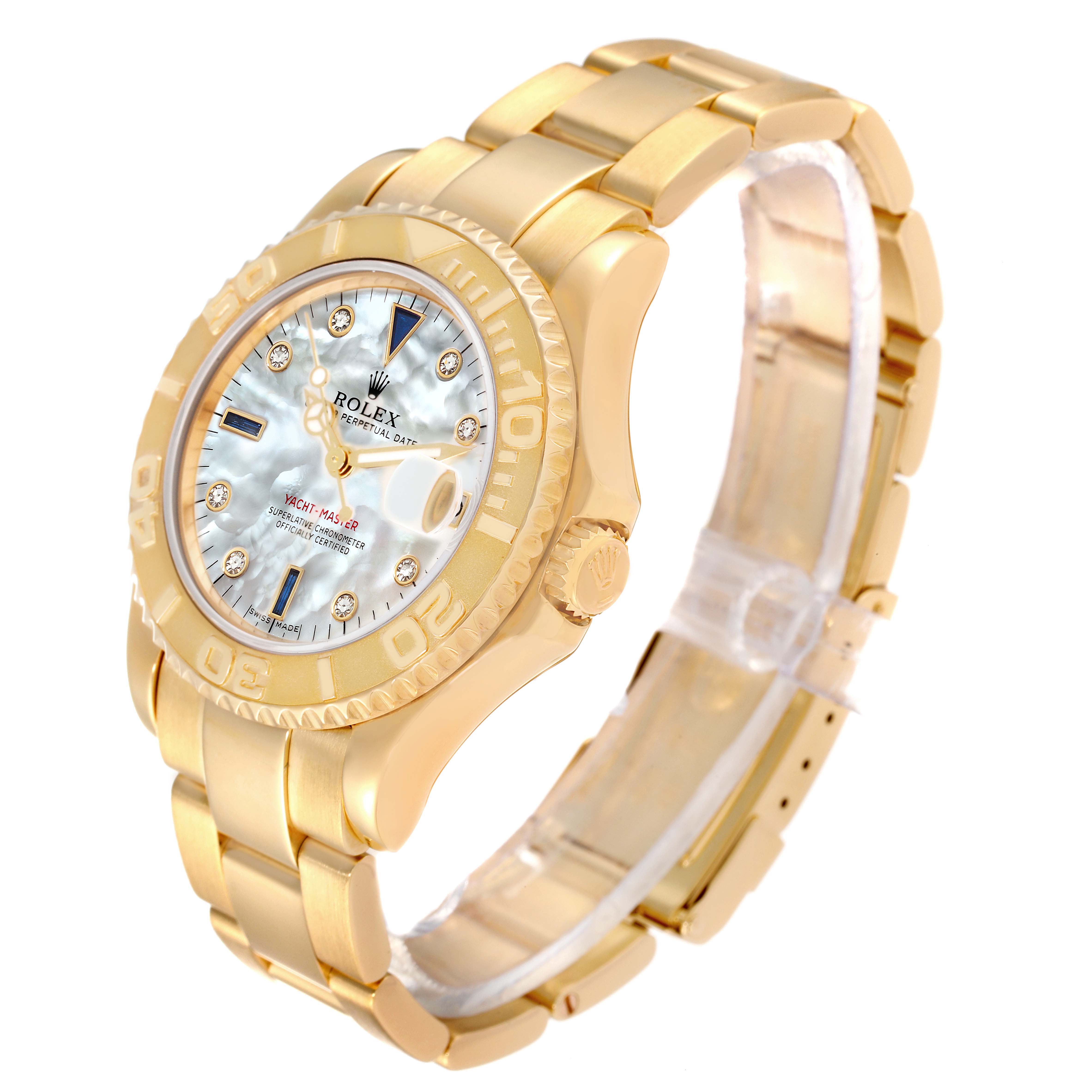 The image shows a side angle of the Rolex Yacht-Master 68628 Men's Yellow Gold Mother of Pearl Dial 68628 Men's Yellow Gold Mother of Pearl Dial watch, highlighting the face, bezel, crown, and bracelet.
