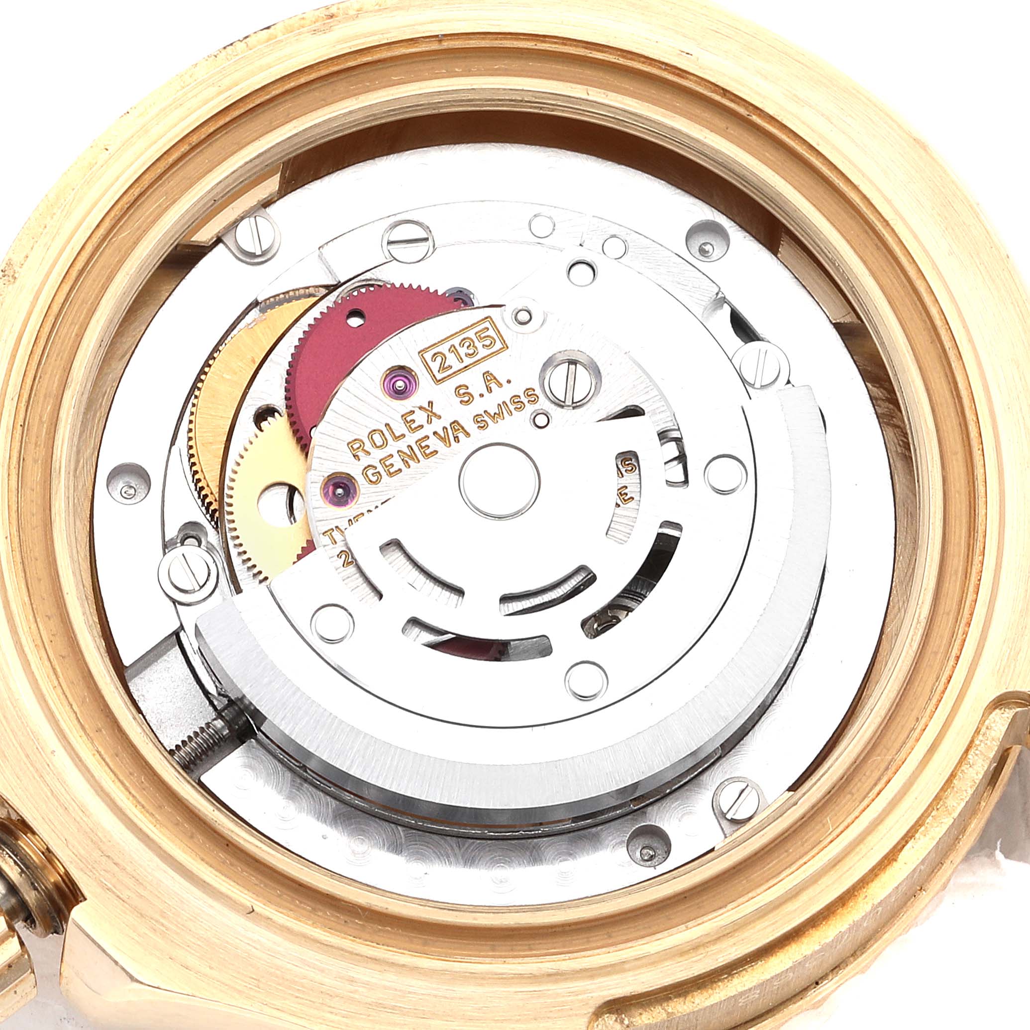 This image shows the internal mechanism of a Rolex Yacht-Master 68628 Men's Yellow Gold Mother of Pearl Dial 68628 Men's Yellow Gold Mother of Pearl Dial watch from a back angle.