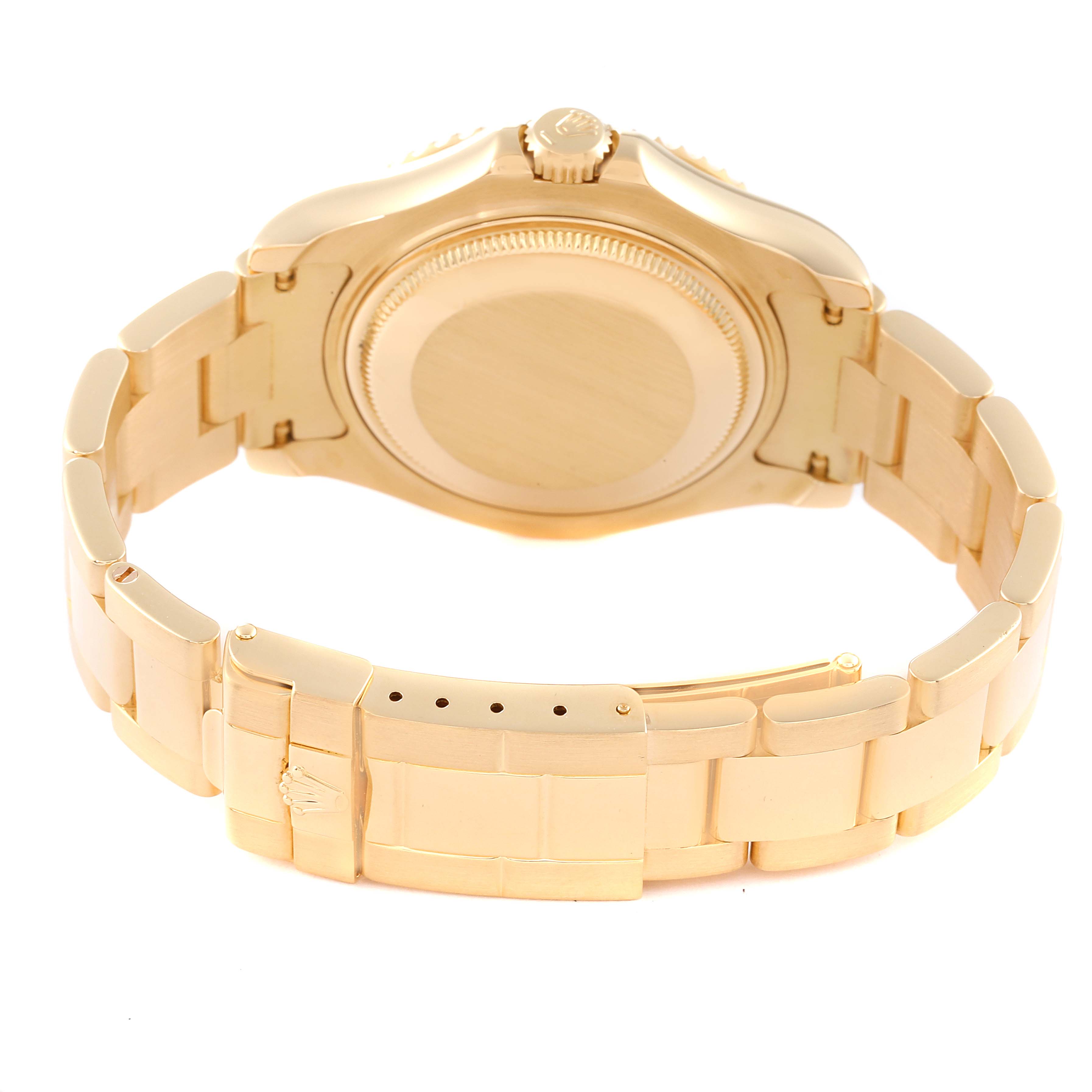 The image shows the case back and bracelet of the Rolex Yacht-Master 68628 Men's Yellow Gold Mother of Pearl Dial 68628 Men's Yellow Gold Mother of Pearl Dial watch from a rear angle.