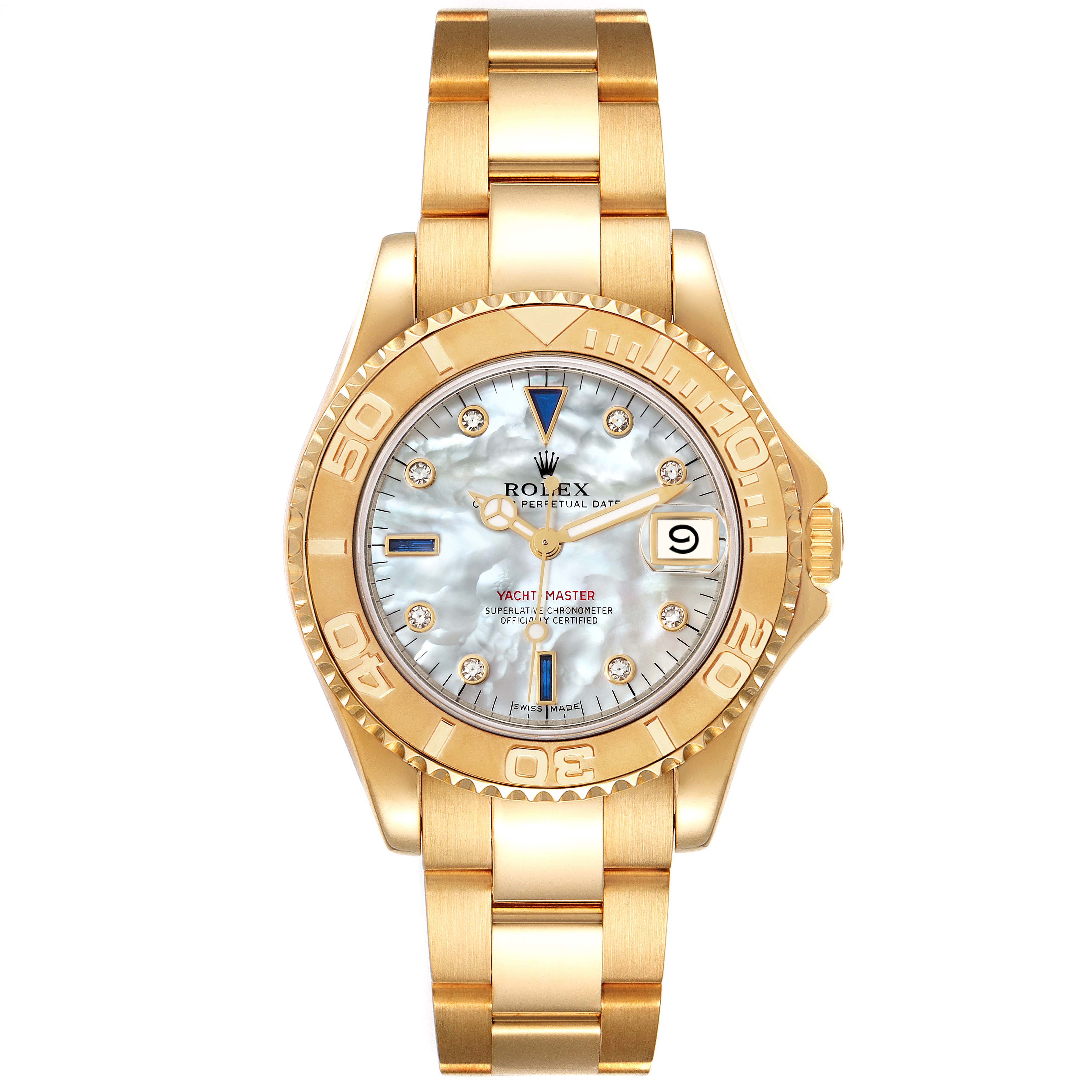 This image shows a front view of the Rolex Yacht-Master 68628 Men's Yellow Gold Mother of Pearl Dial 68628 Men's Yellow Gold Mother of Pearl Dial watch, displaying its gold casing, bezel, bracelet, and dial.