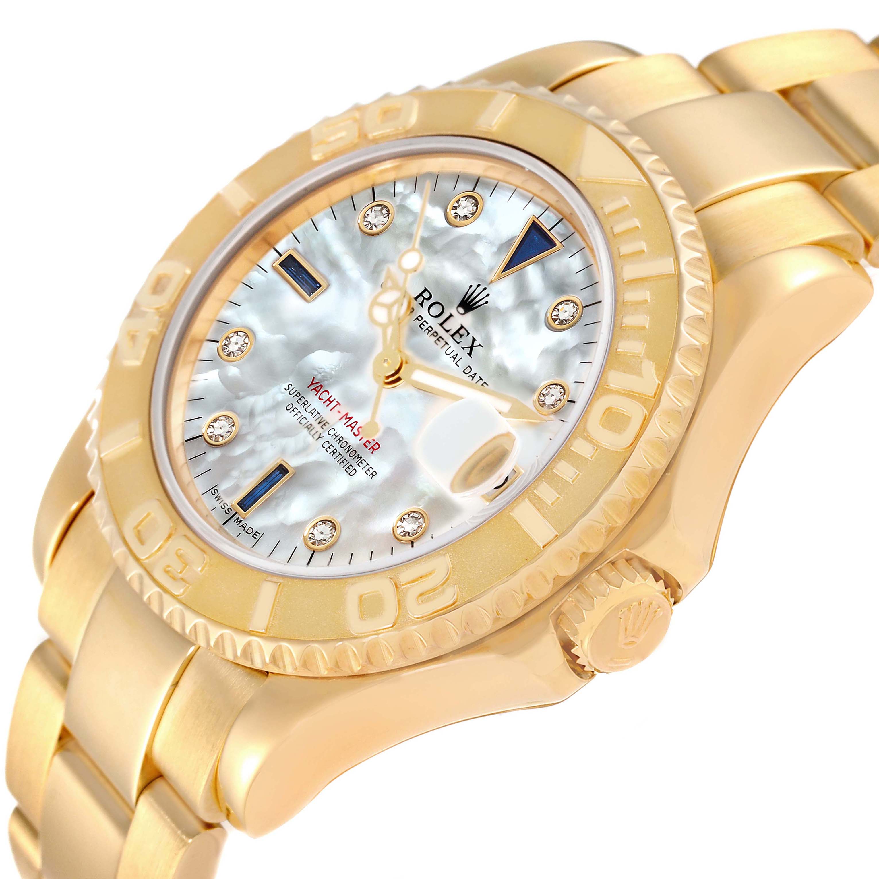 The Rolex Yacht-Master 68628 Men's Yellow Gold Mother of Pearl Dial 68628 Men's Yellow Gold Mother of Pearl Dial watch is shown from a tilted angle, highlighting the bezel, dial, bracelet, and crown.