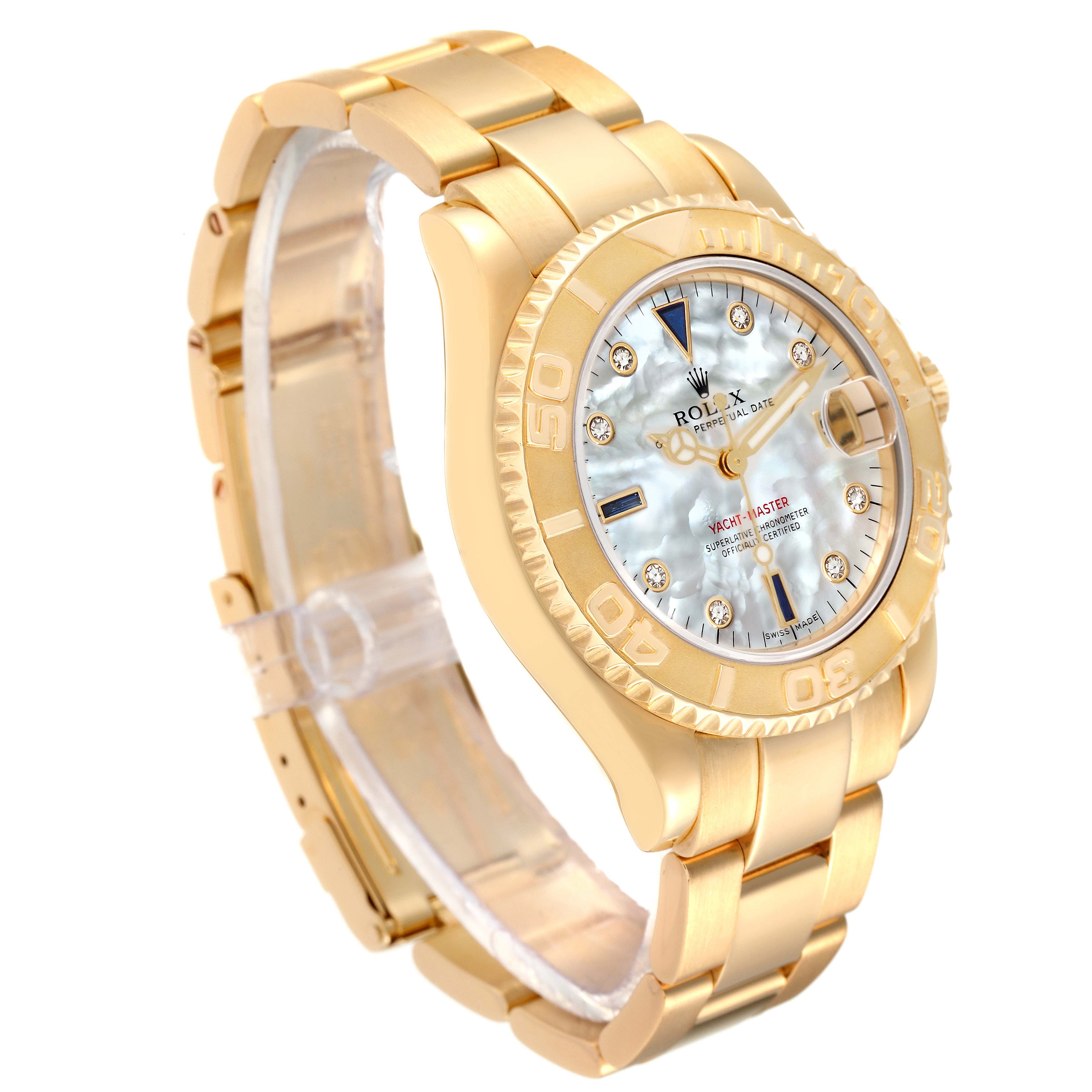 The image shows a Rolex Yacht-Master 68628 Men's Yellow Gold Mother of Pearl Dial 68628 Men's Yellow Gold Mother of Pearl Dial watch at a three-quarter angle, highlighting its gold bracelet, bezel, and mother-of-pearl dial.