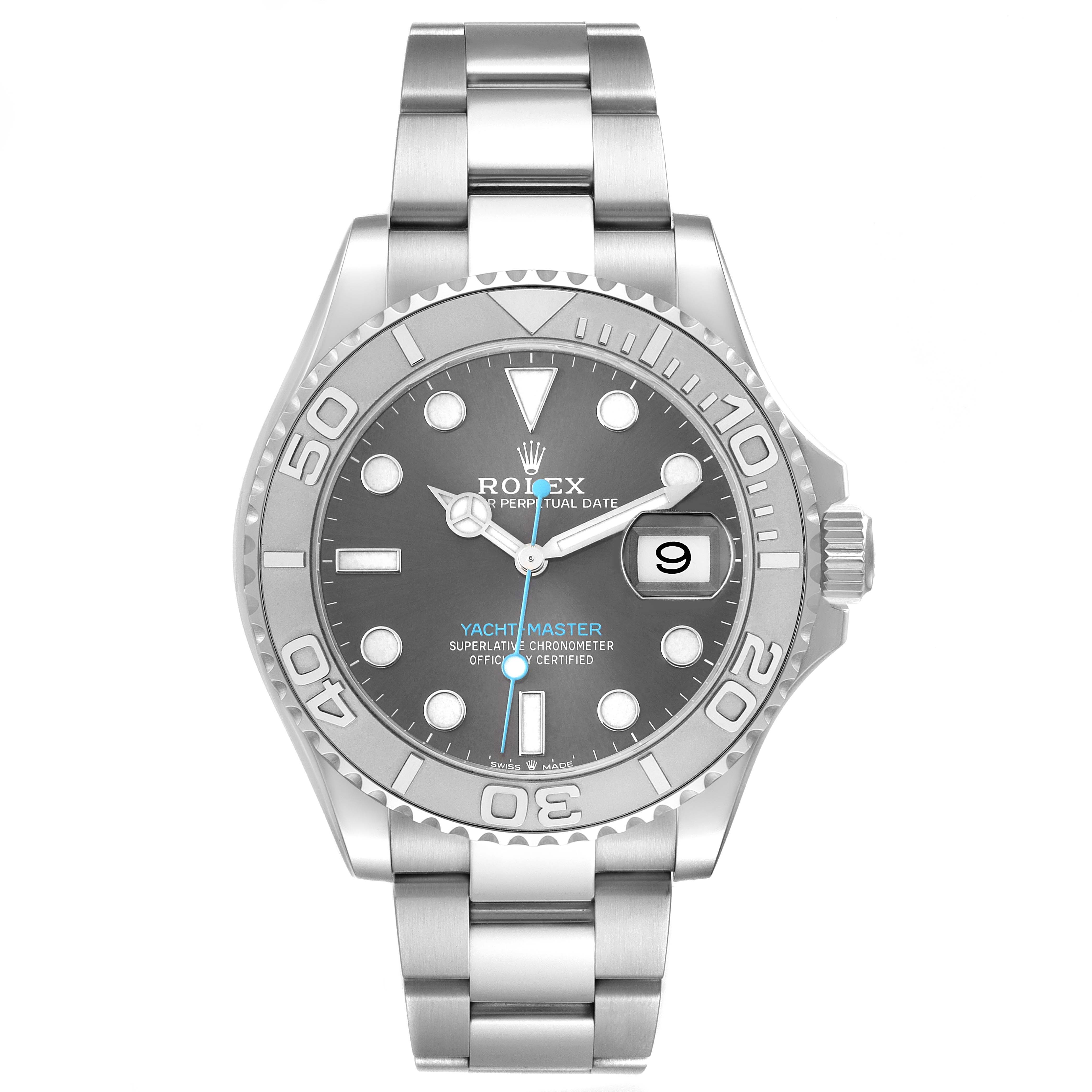 This image shows a front view of the Rolex Yacht-Master 126622 Men's Stainless Steel Grey Dial 126622 Men's Stainless Steel Grey Dial watch, highlighting the watch face, bezel, crown, and bracelet.