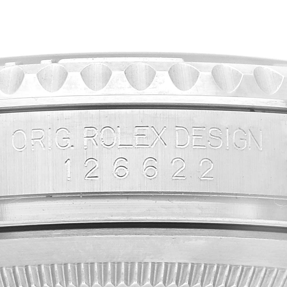 The image shows the side view of the Rolex Yacht-Master 126622 Men's Stainless Steel Grey Dial 126622 Men's Stainless Steel Grey Dial watch case, displaying the model number 126622 and engraving "ORIG. ROLEX DESIGN."