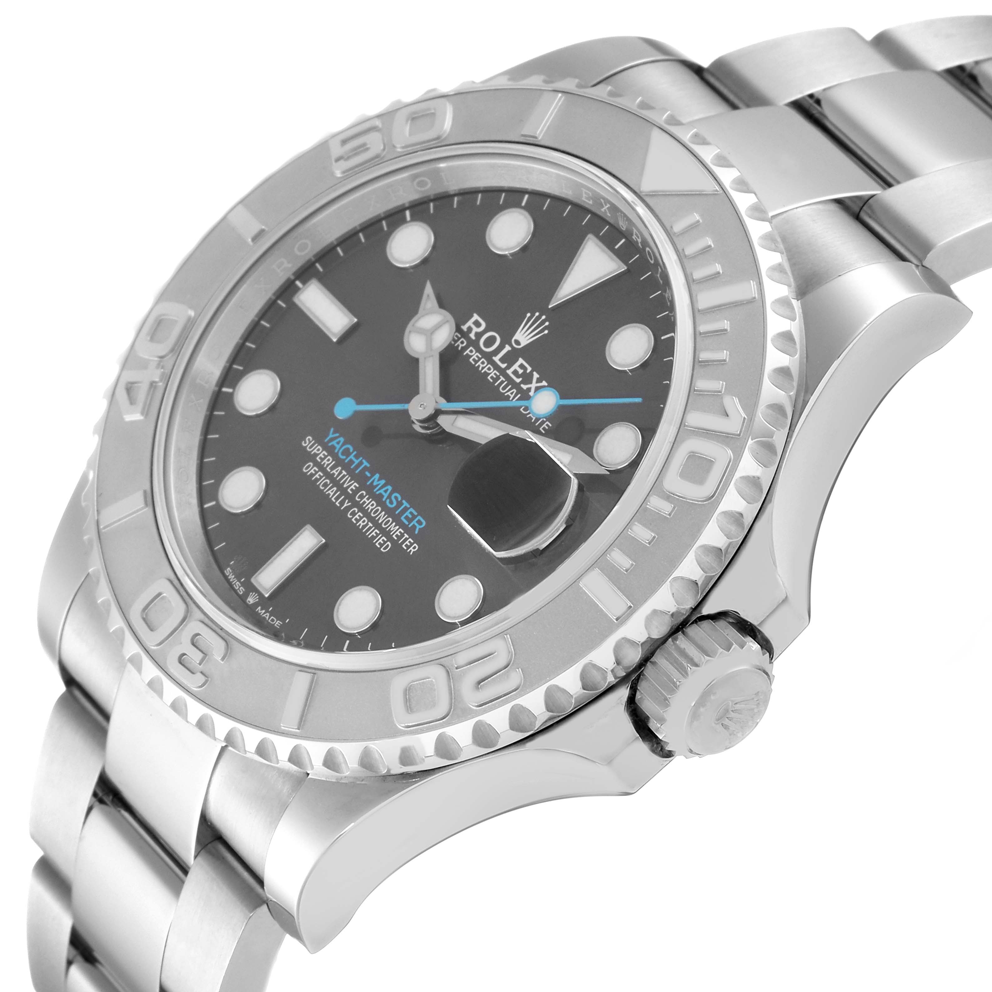 The image shows a close-up, angled view of the Rolex Yacht-Master 126622 Men's Stainless Steel Grey Dial 126622 Men's Stainless Steel Grey Dial watch, highlighting the dial, bezel, bracelet, and crown.