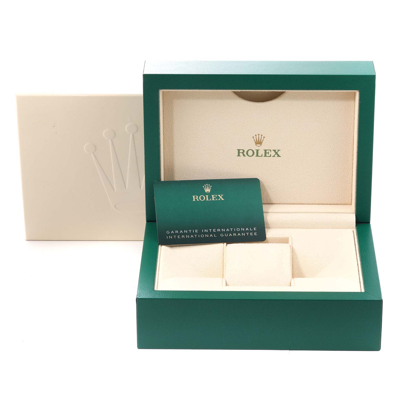 This image shows the open box and International Guarantee card for the Rolex Yacht-Master 126622 Men's Stainless Steel Grey Dial 126622 Men's Stainless Steel Grey Dial model.