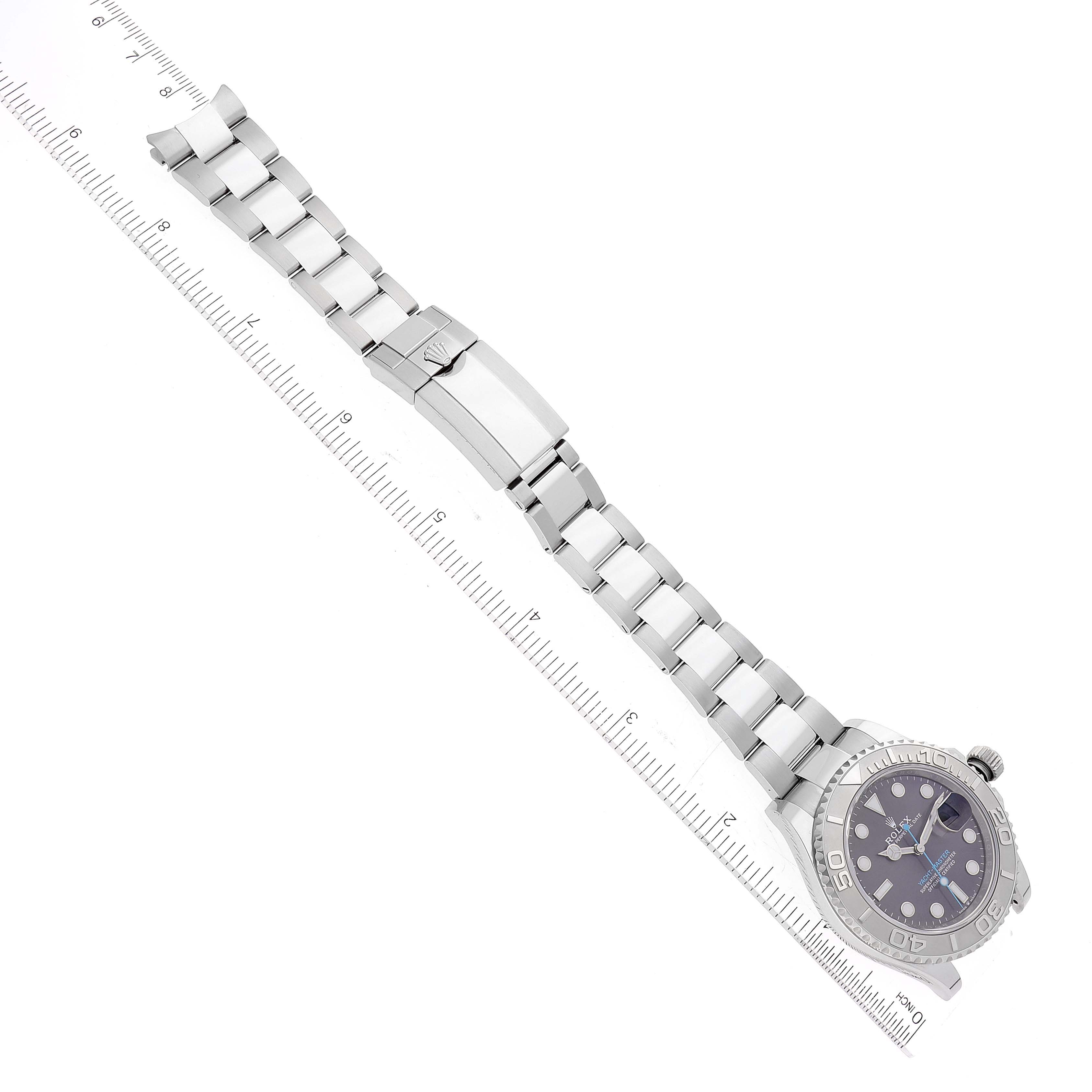 The image shows a top-down view of the Rolex Yacht-Master 126622 Men's Stainless Steel Grey Dial 126622 Men's Stainless Steel Grey Dial watch, highlighting its face, bezel, and metal bracelet.