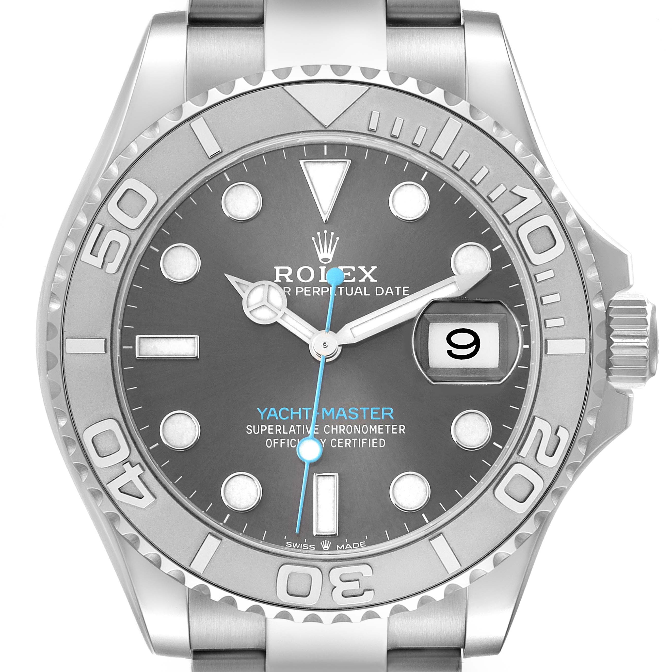 The Rolex Yacht-Master 126622 Men's Stainless Steel Grey Dial 126622 Men's Stainless Steel Grey Dial watch is shown from a front angle, highlighting the dial, bezel, hands, and date window.