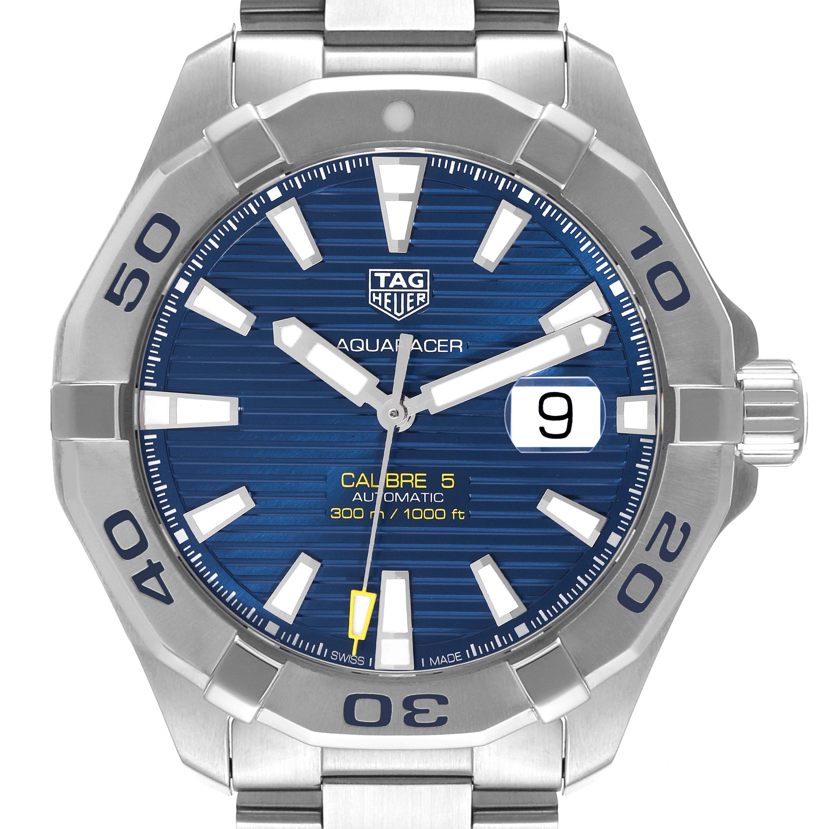 The image shows a front view of the Tag Heuer Aquaracer WAY2012.BA0927 Men's Stainless Steel Blue Dial WAY2012.BA0927 Men's Stainless Steel Blue Dial watch, highlighting its blue dial, date window, and stainless steel bracelet.