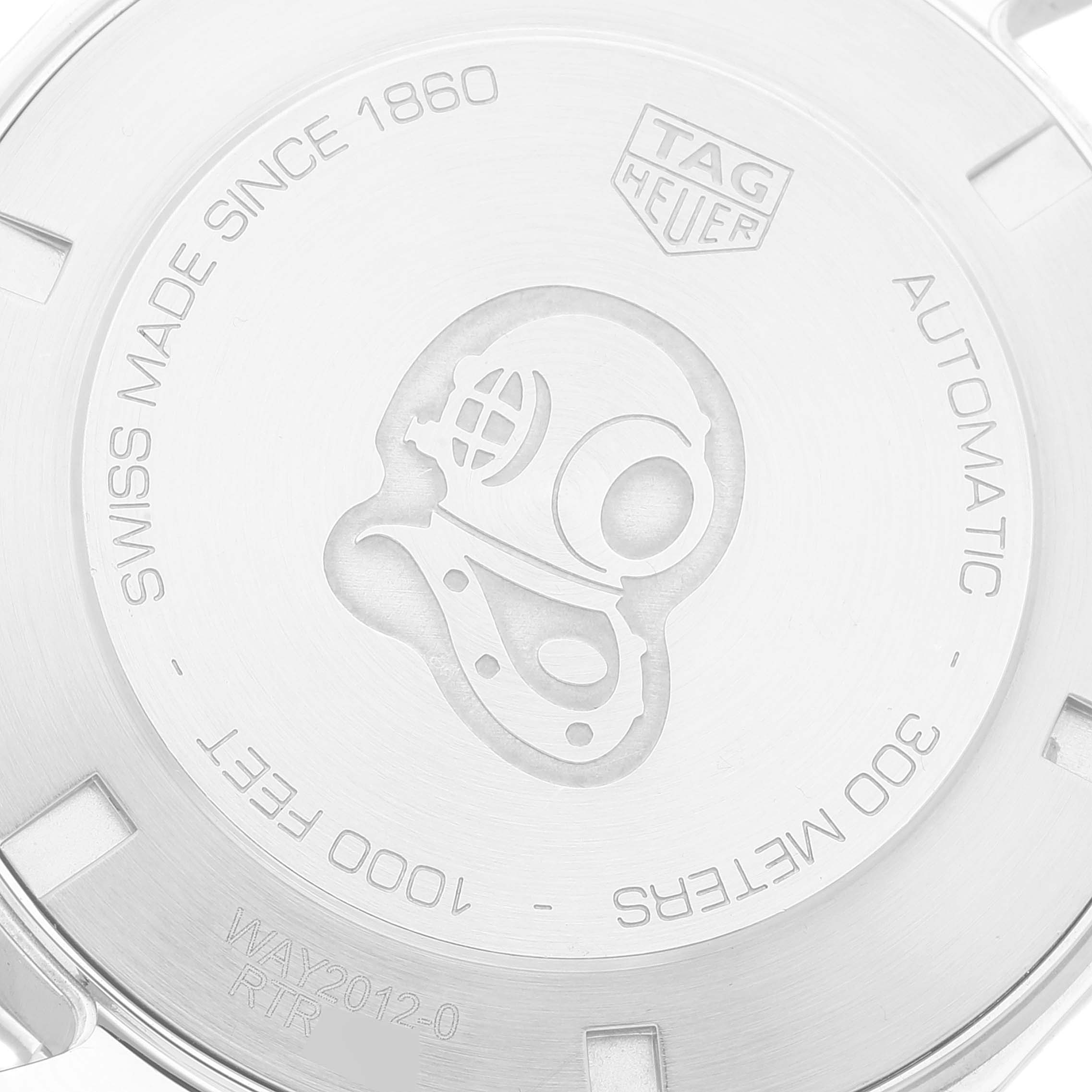 This is the case back of the Tag Heuer Aquaracer WAY2012.BA0927 Men's Stainless Steel Blue Dial WAY2012.BA0927 Men's Stainless Steel Blue Dial watch, showcasing the engraved diver helmet and brand details.